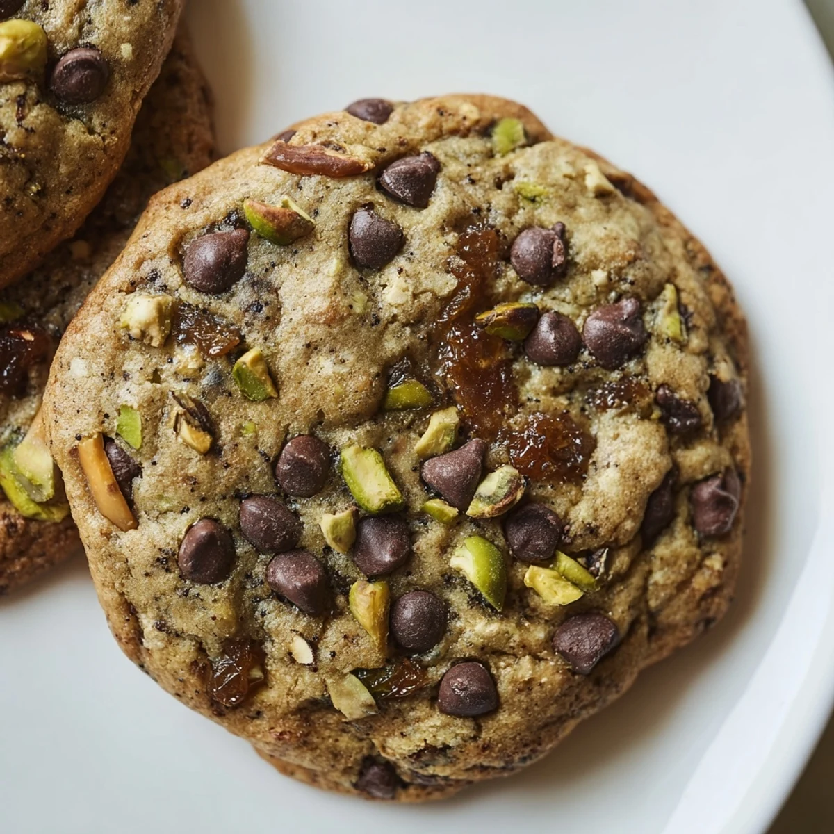 Golden brown Dubai chewy cookie studded with green pistachios and chopped dates on a white plate