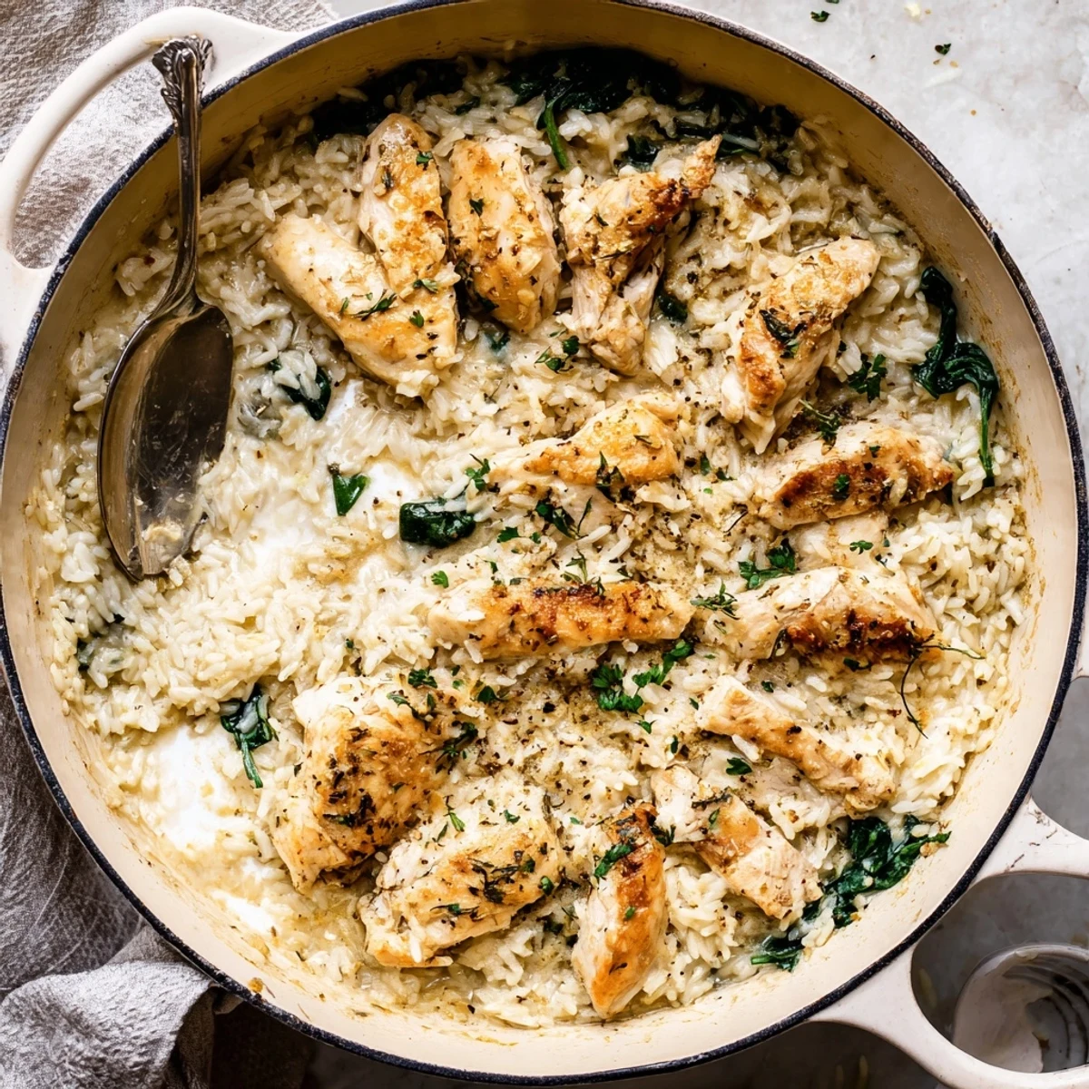 Creamy chicken and rice casserole with tender meat and rich sauce baked in a single dutch oven