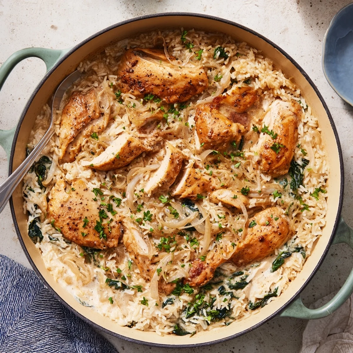 Golden chicken breasts nestled over creamy parmesan rice in this one pot angel chicken bake