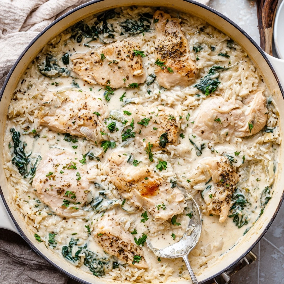 Savory one pot angel chicken rice dinner featuring juicy chicken in a velvety white sauce