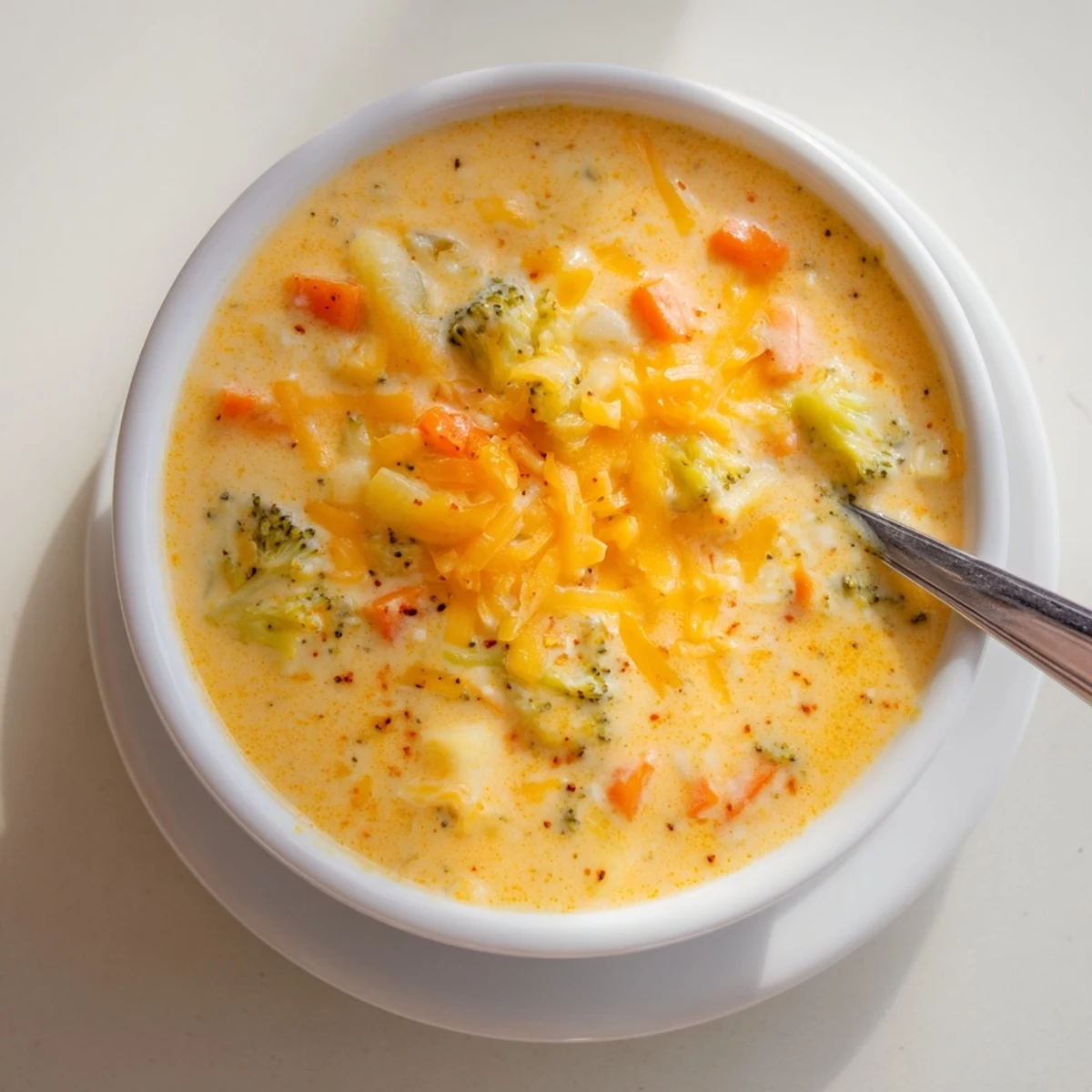 Creamy slow cooker broccoli cheddar soup garnished with shredded cheese and crusty bread