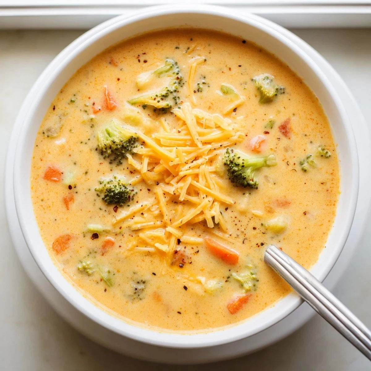 Velvety broccoli cheddar soup bowl featuring tender florets in rich cheesy broth