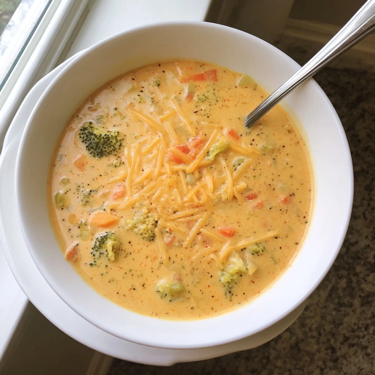 Steaming bowl of slow cooker broccoli cheddar soup topped with extra sharp cheddar shreds