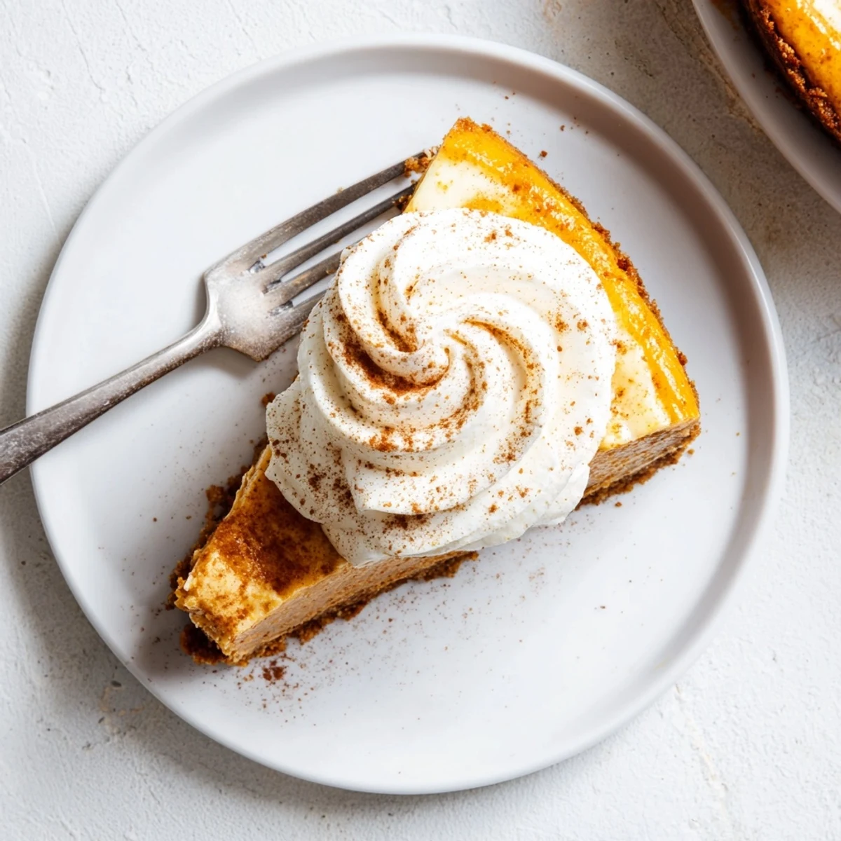 Festive holiday cheesecake featuring creamy pumpkin spice filling dolloped with sweet vanilla whipped cream and dusted cinnamon