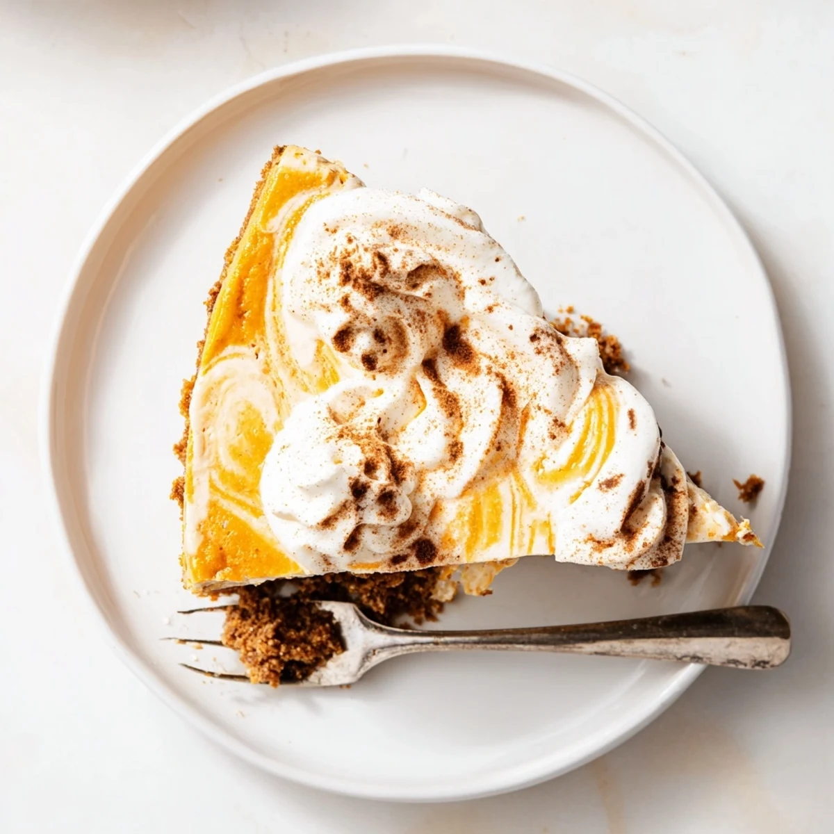 Golden slice of pumpkin spice Christmas cheesecake with fluffy whipped cream topping on a graham cracker crust
