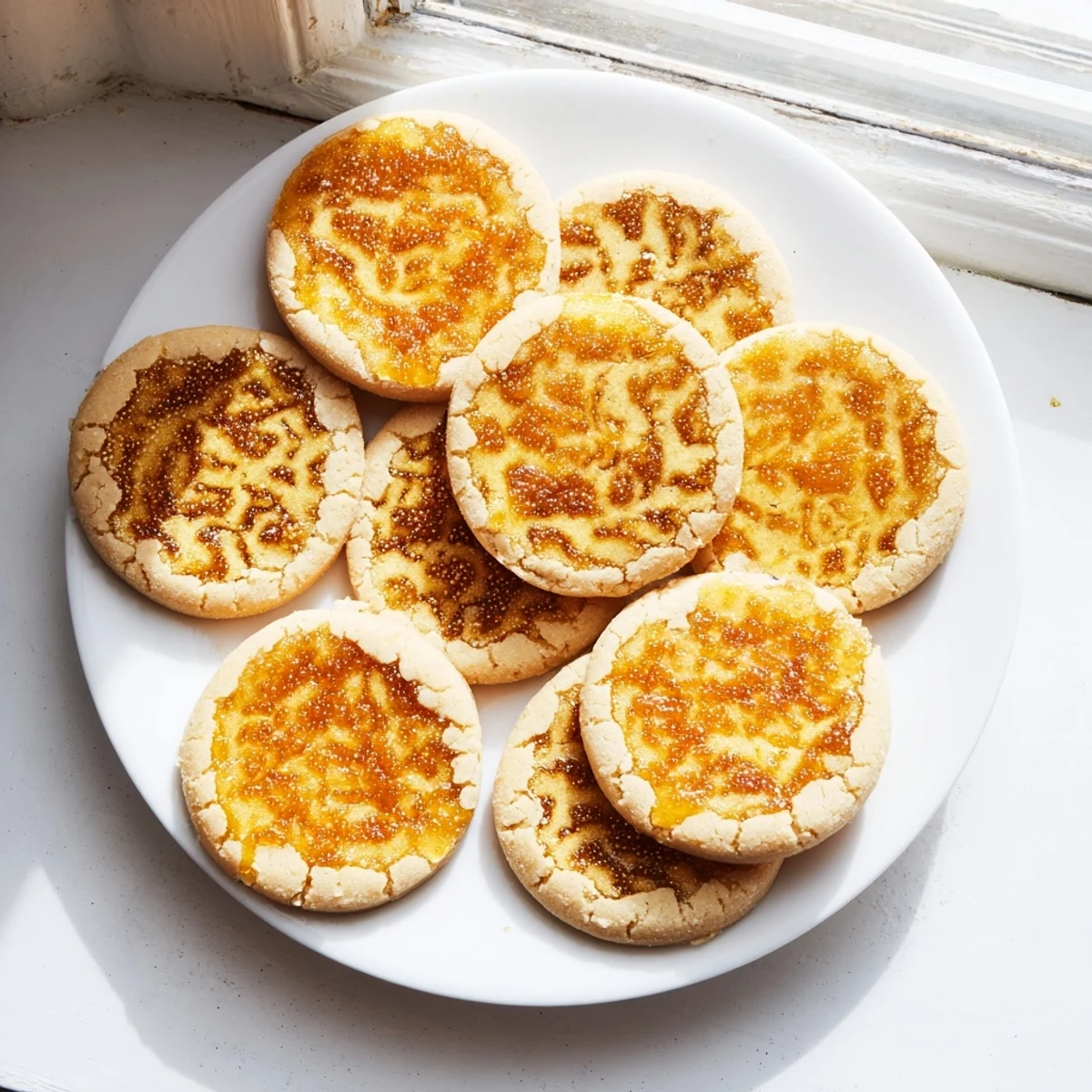 Golden crème brûlée shortbread cookies with crackled caramelized sugar topping on white plate