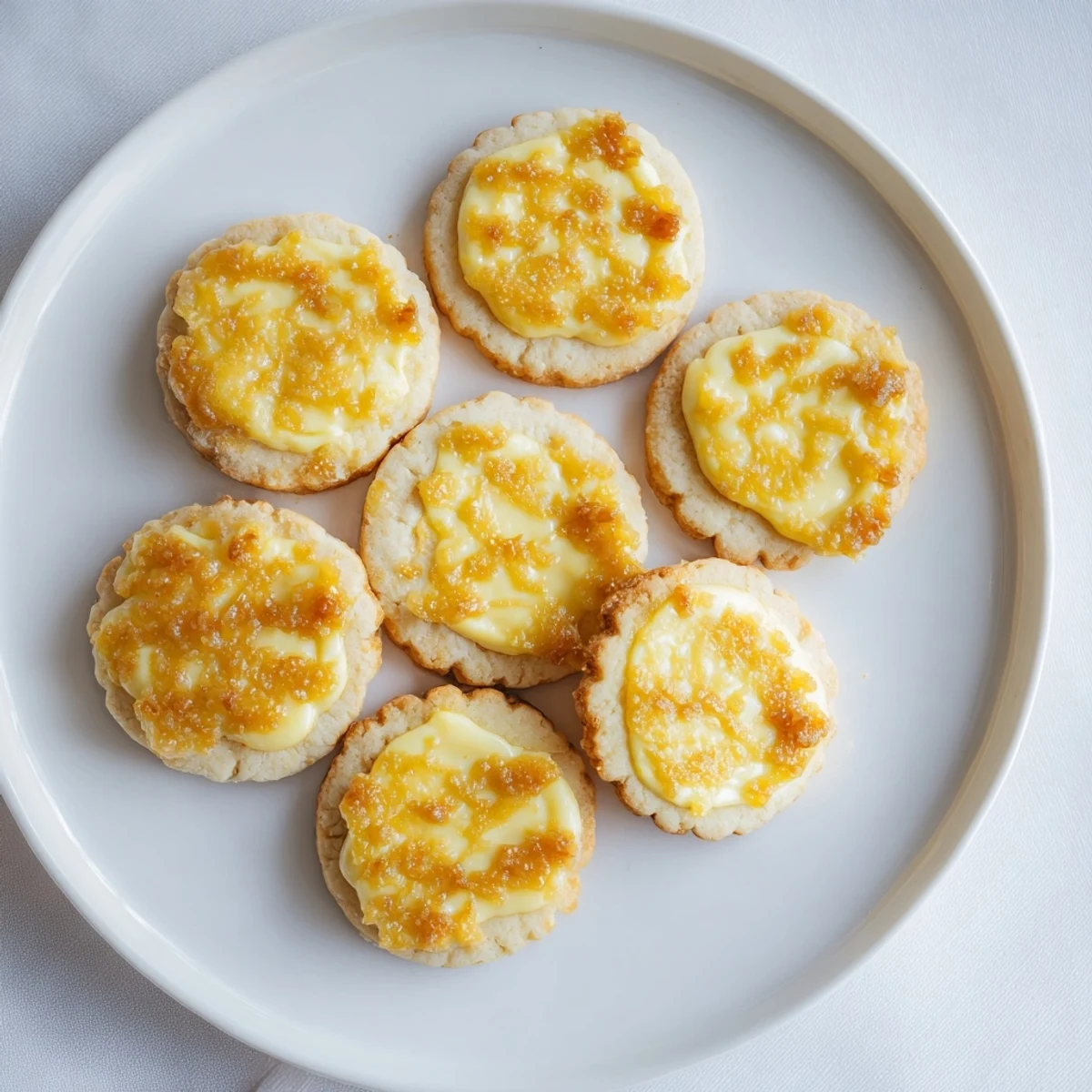Close-up of crème brûlée shortbread cookies featuring crisp burnt sugar layer and soft center