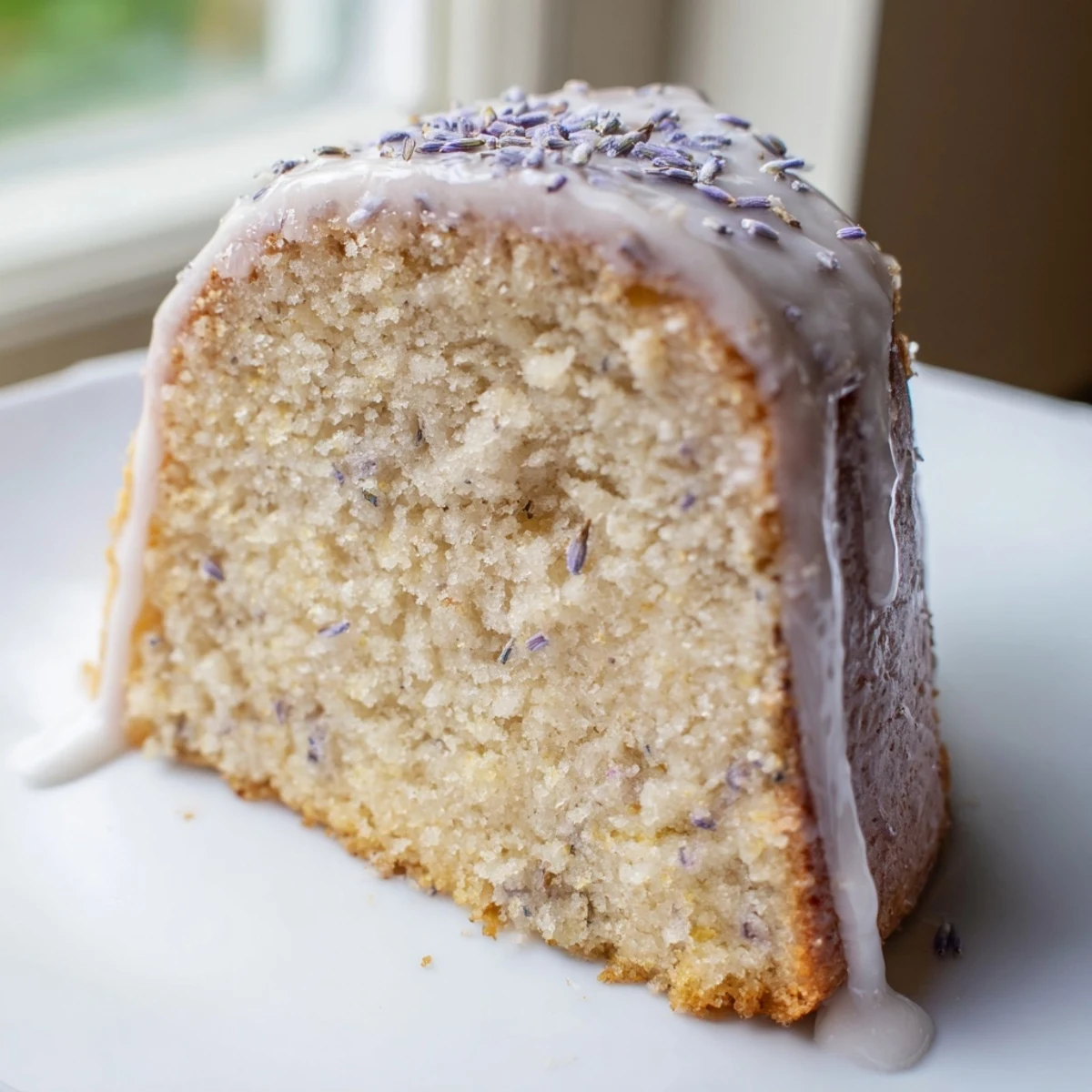 Lavender cake with lemon glaze drizzled over a tender crumb, garnished with purple buds
