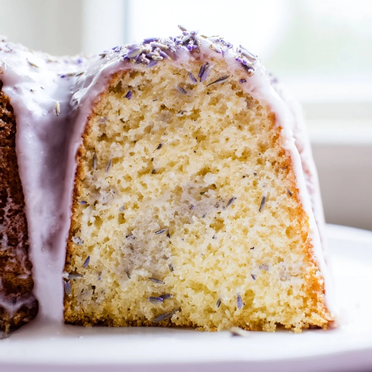 Soft lavender cake slice on a vintage plate with speckles of purple lavender buds