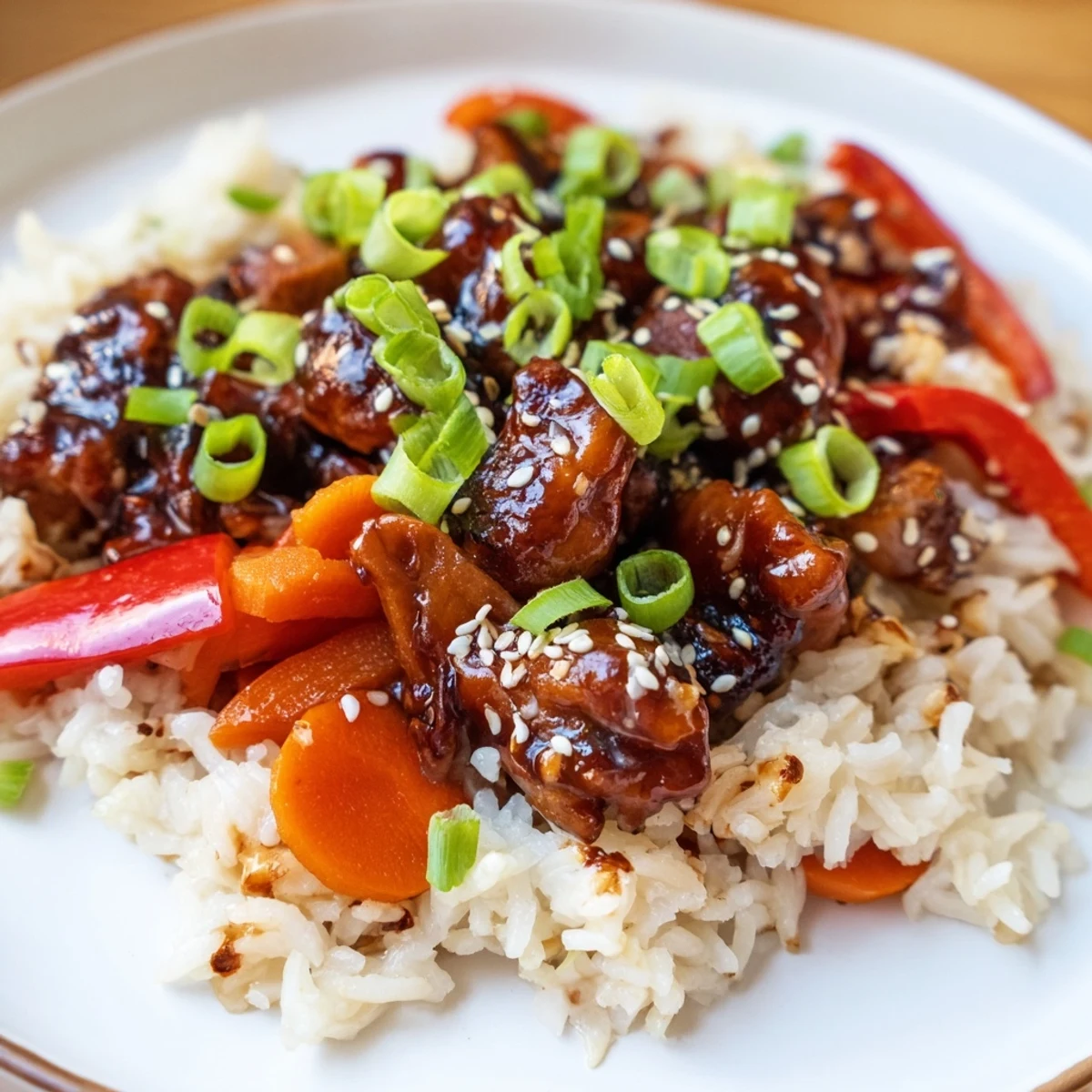 One Pan Korean BBQ Chicken and Rice served steaming in a cast iron skillet