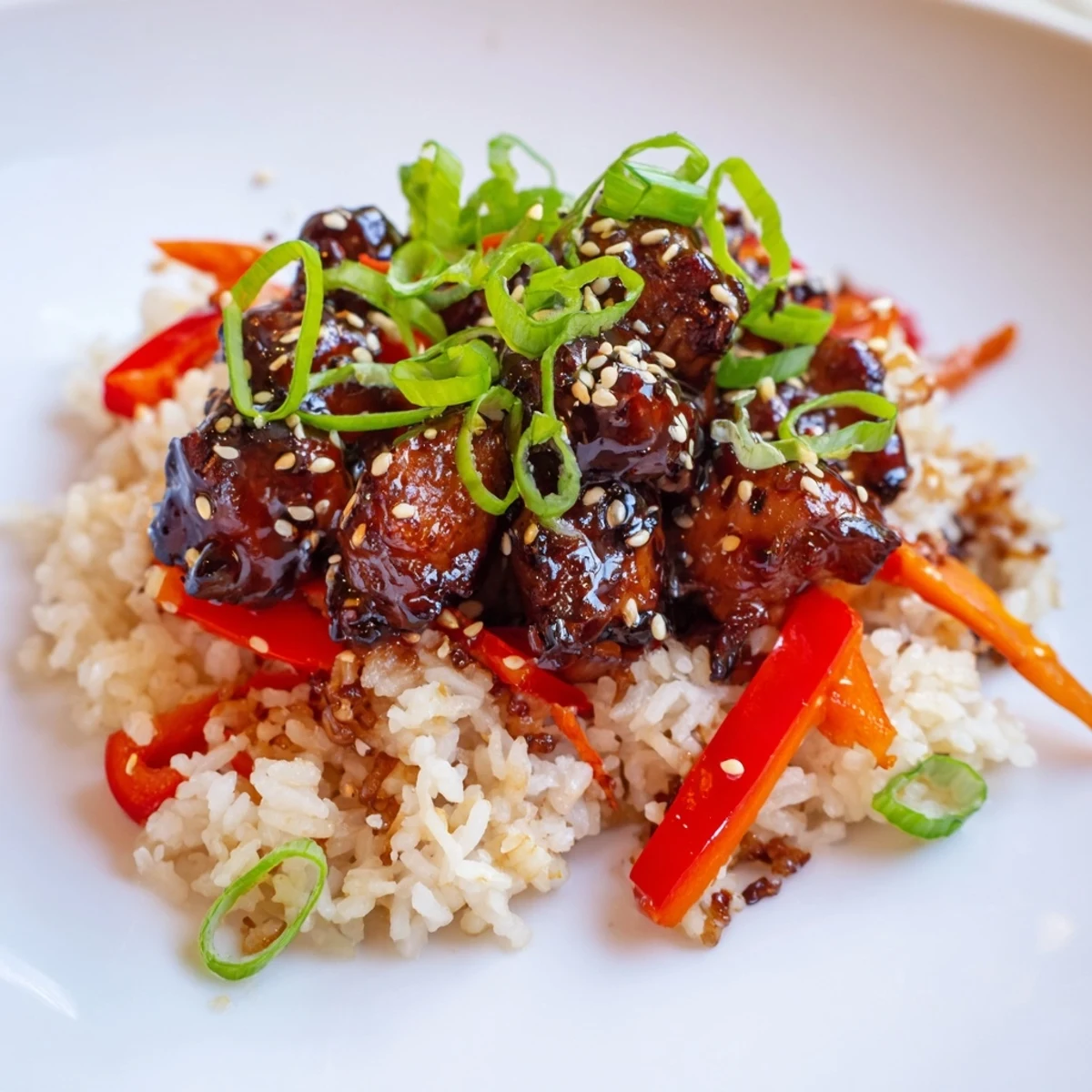 Glossy One Pan Korean BBQ Chicken and Rice topped with fresh green onions