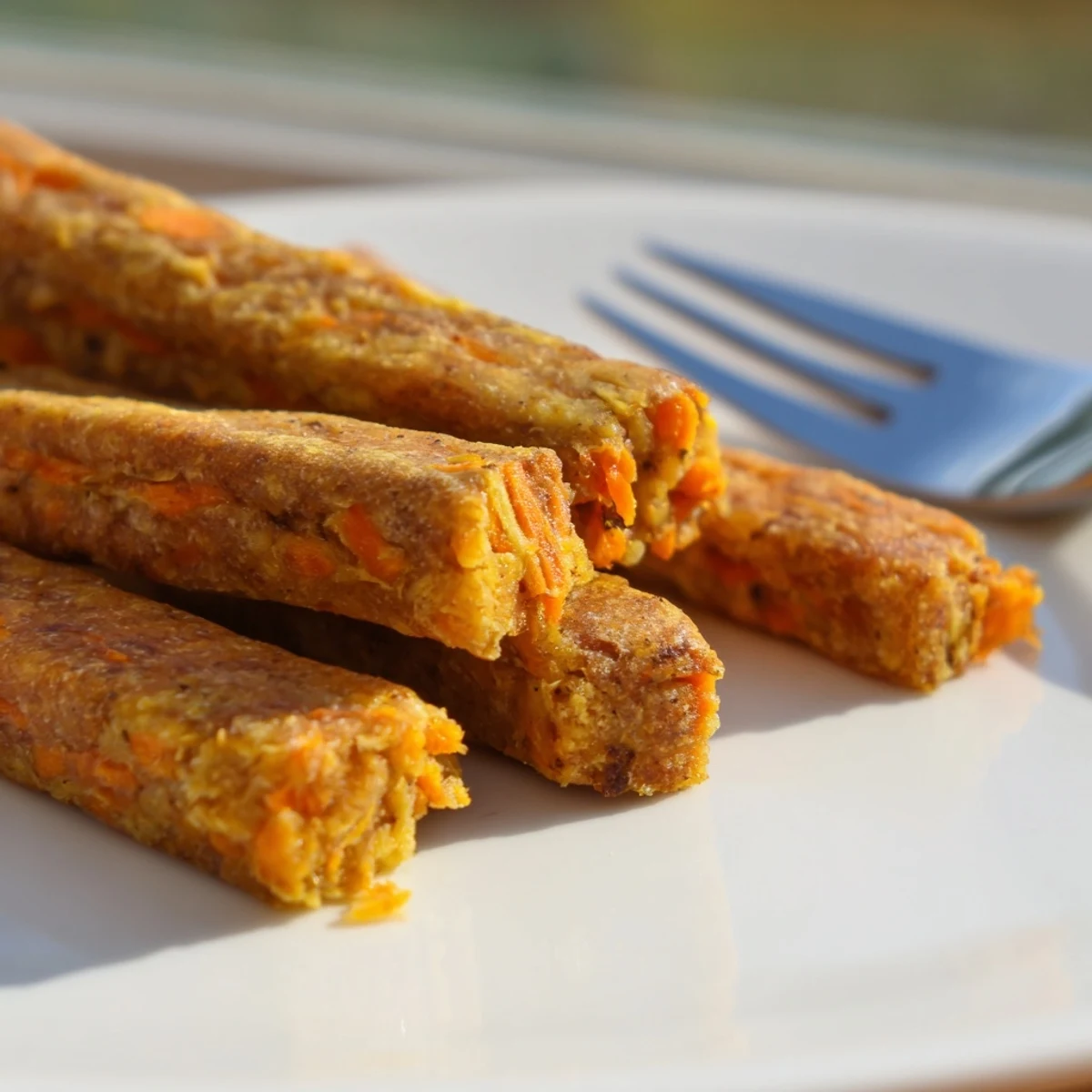 Golden brown apple and carrot dog chew sticks arranged on a parchment-lined baking sheet ready for treating