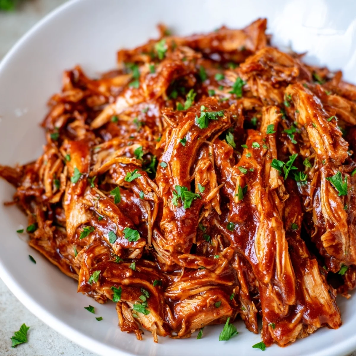 Shredded Sweet Baby Ray's Crockpot Chicken piled high on a toasted bun with fresh parsley garnish