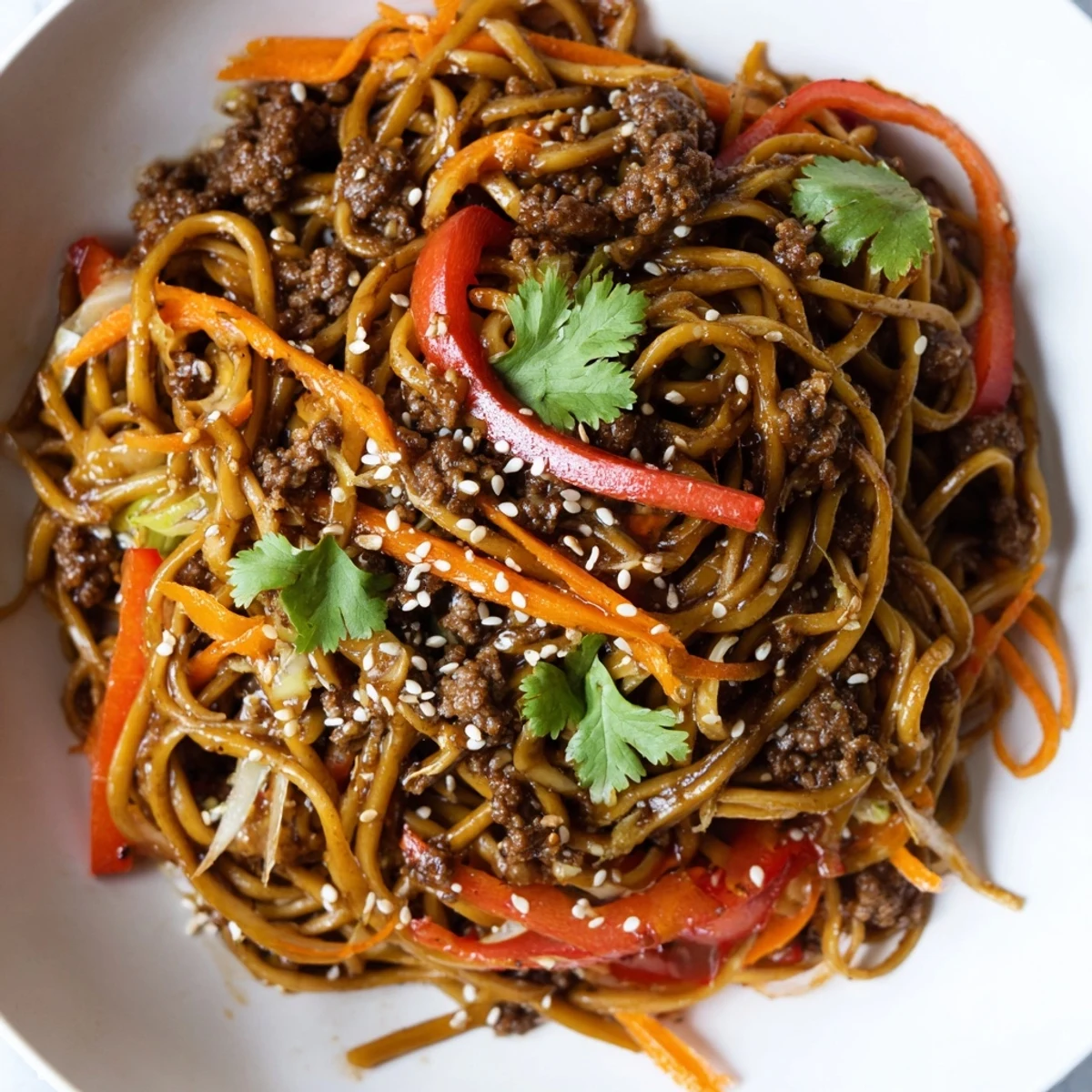 Sesame-garnished Asian ground beef noodles twirled on a fork with colorful stir-fried vegetables