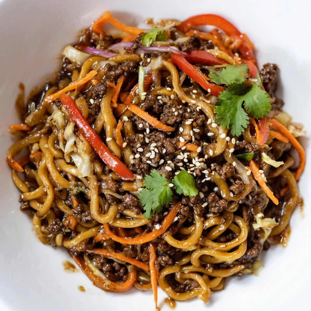 Steaming bowl of Asian ground beef noodles topped with fresh green onions and sesame seeds