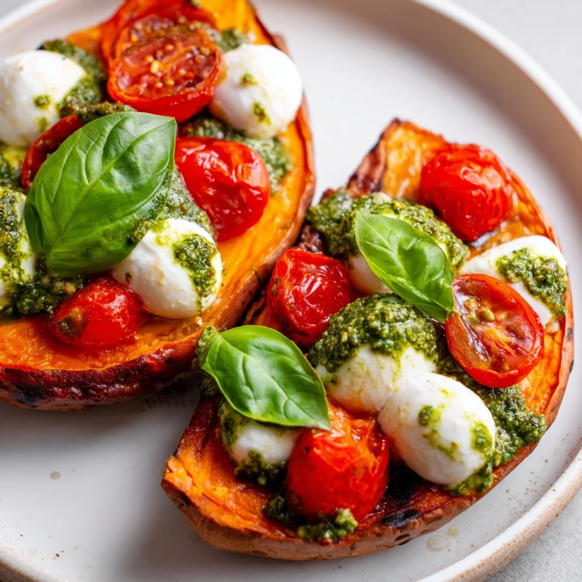 Roasted sweet potatoes topped with tomatoes mozzarella and pesto on a rustic wooden serving board