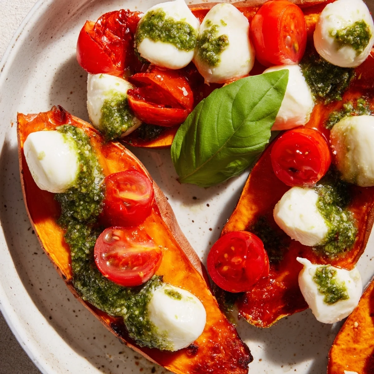 Golden sweet potato halves layered with cherry tomatoes, creamy mozzarella, and vibrant green basil pesto