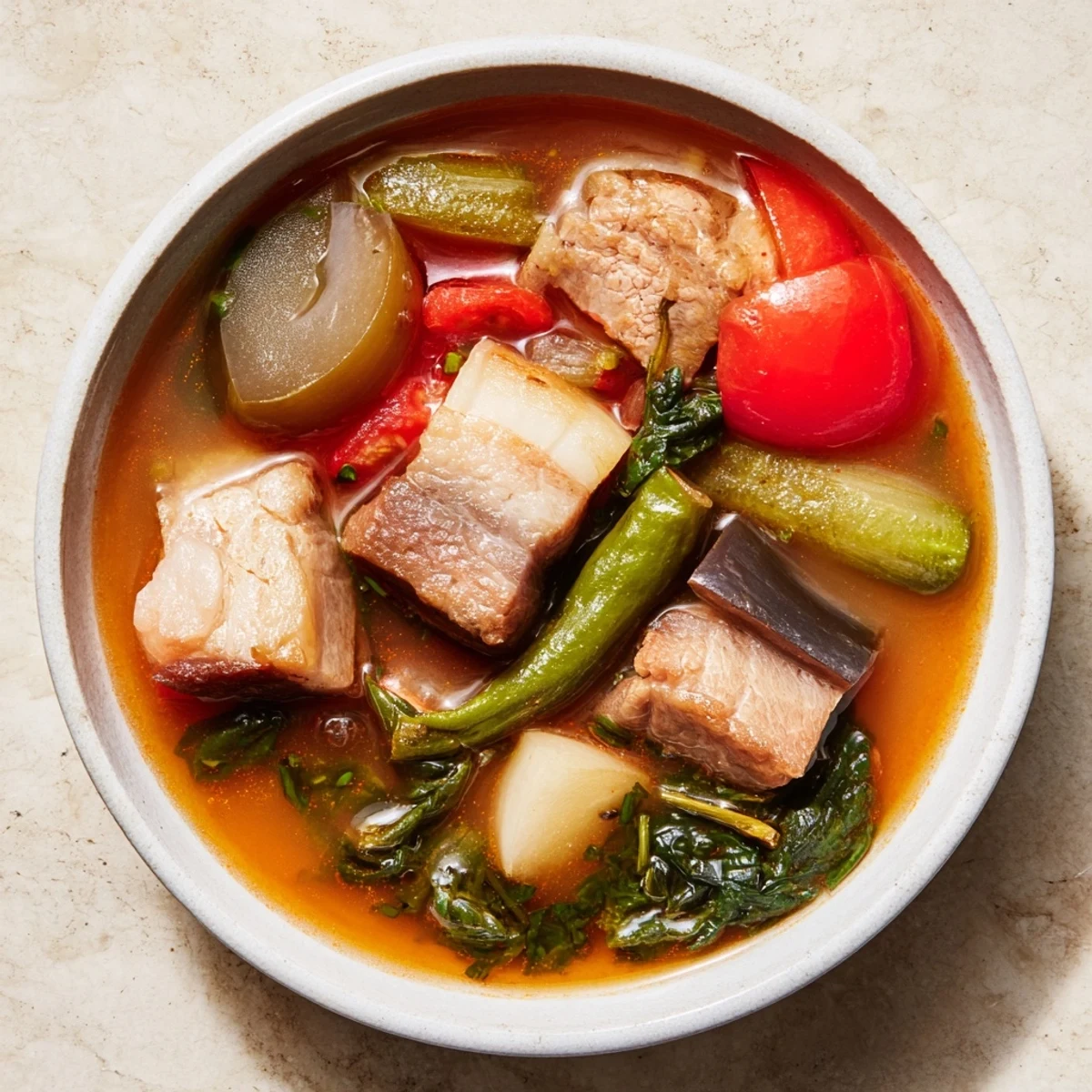 Steaming bowl of Filipino Sinigang sour soup with tender pork and fresh vegetables