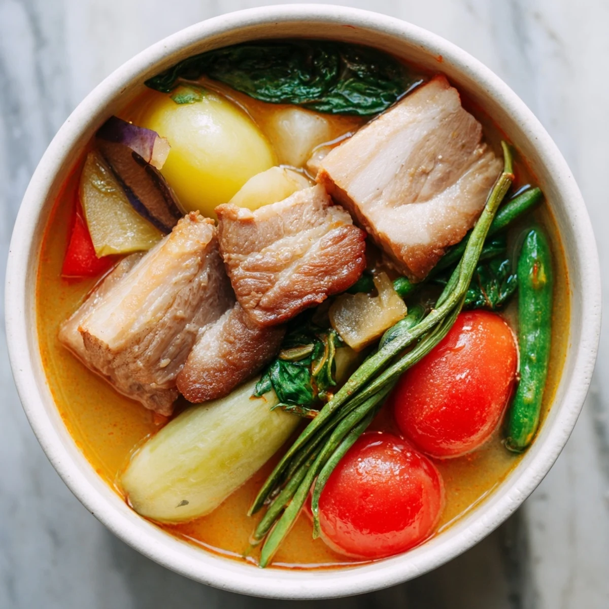 Filipino Sinigang sour soup featuring vibrant vegetables in a tangy tamarind broth