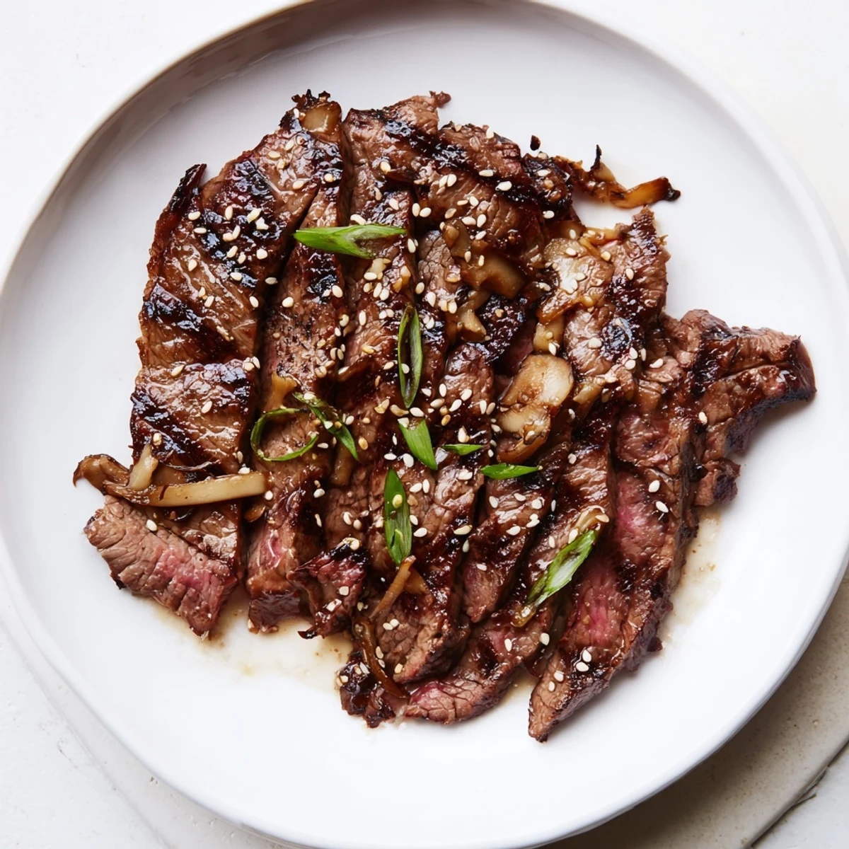 Beef Yakiniku with caramelized edges sizzling hot alongside charred colorful vegetables on a grill pan