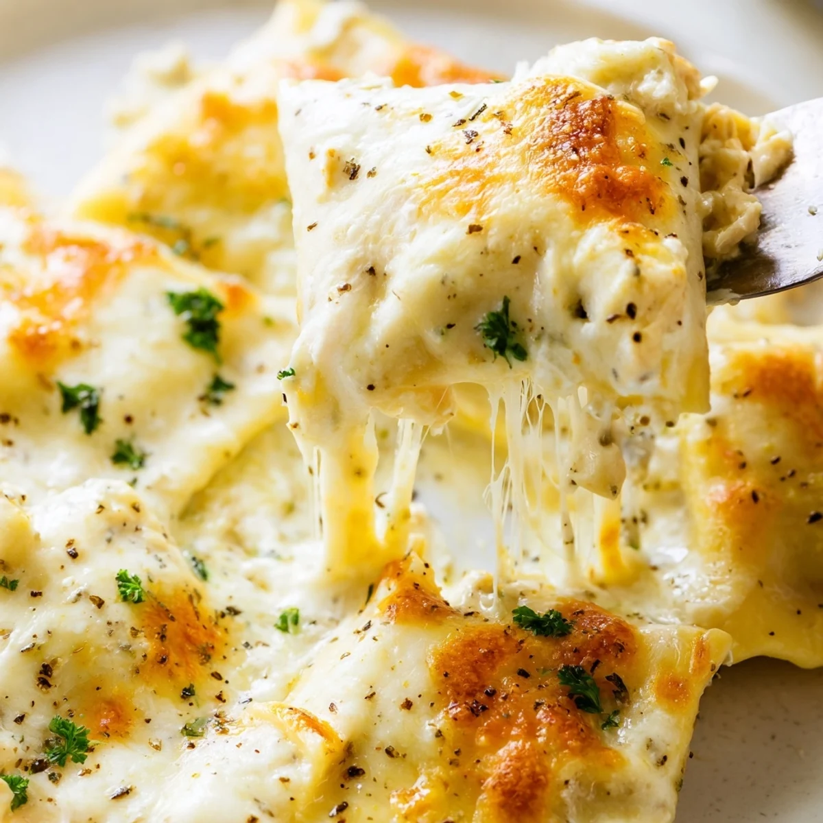 Golden bubbly chicken Alfredo baked ravioli casserole with melted mozzarella and fresh parsley garnish