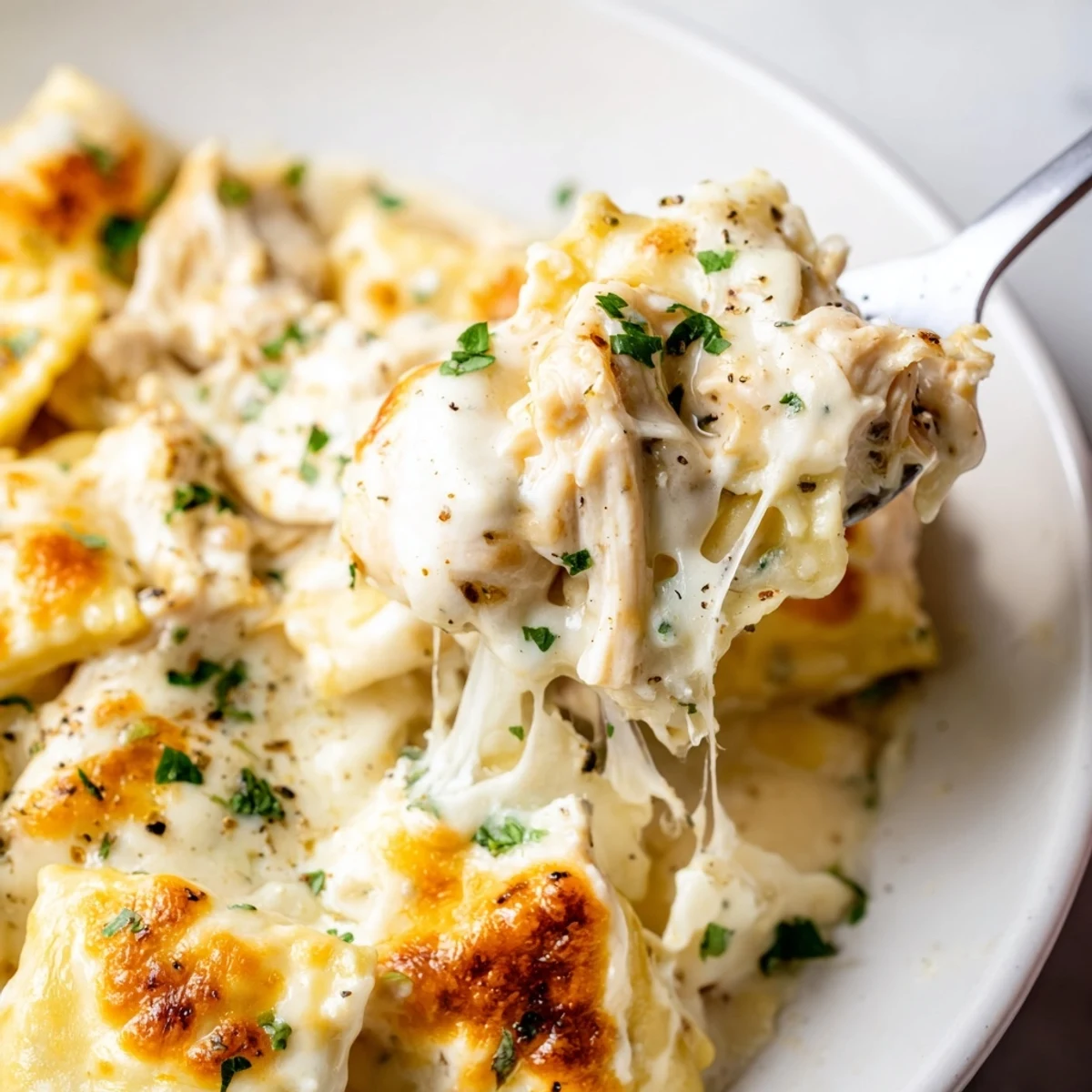 Creamy chicken Alfredo baked ravioli served in a white dish with golden cheese topping
