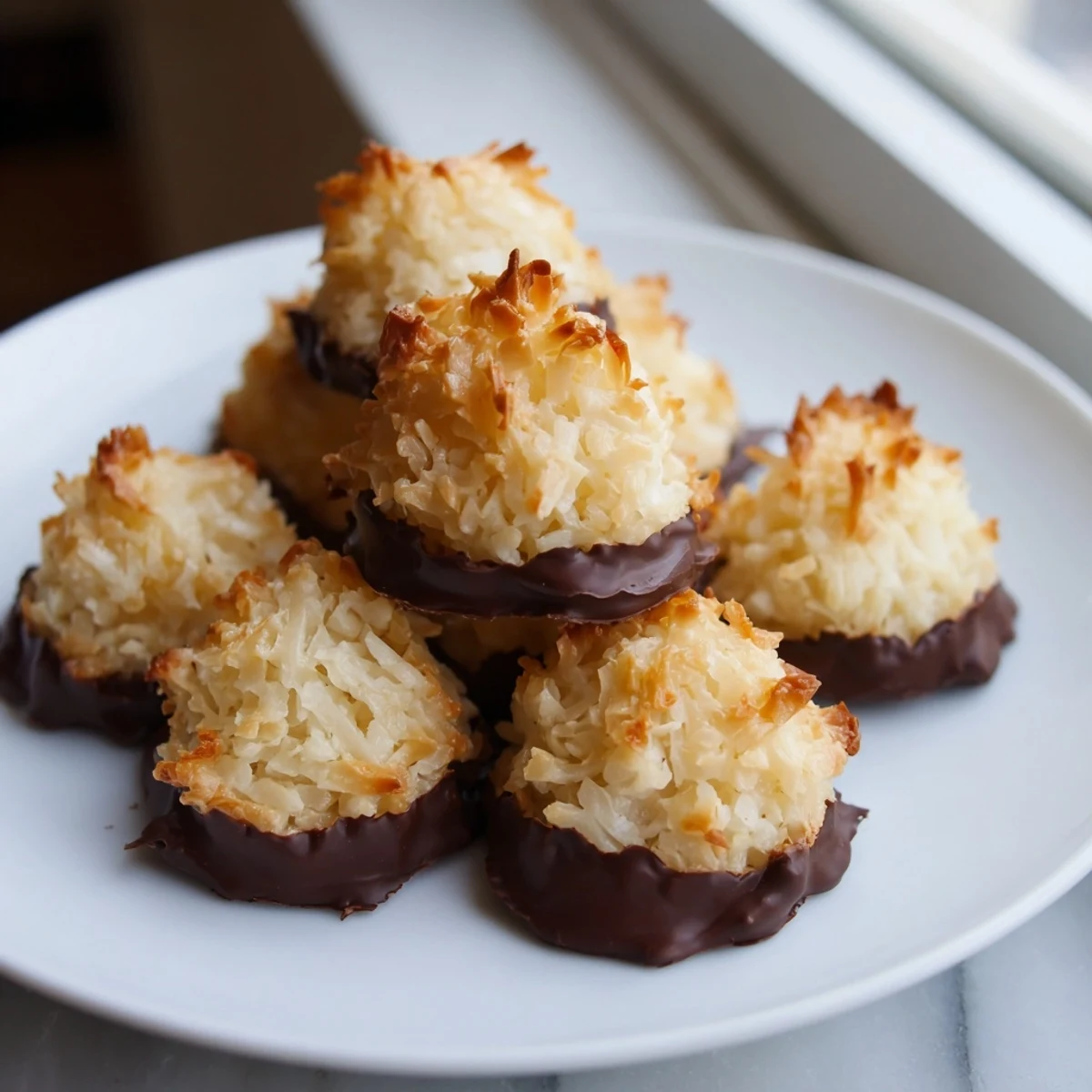 Golden coconut macaroons with crispy edges and chewy centers arranged on a white serving plate