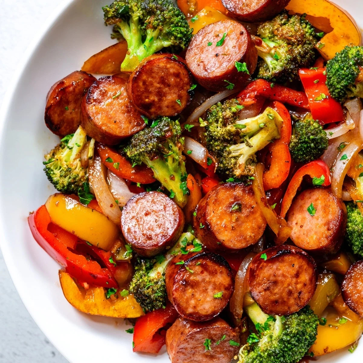 Glossy honey garlic kielbasa roasted with colorful tender-crisp vegetables on a sheet pan