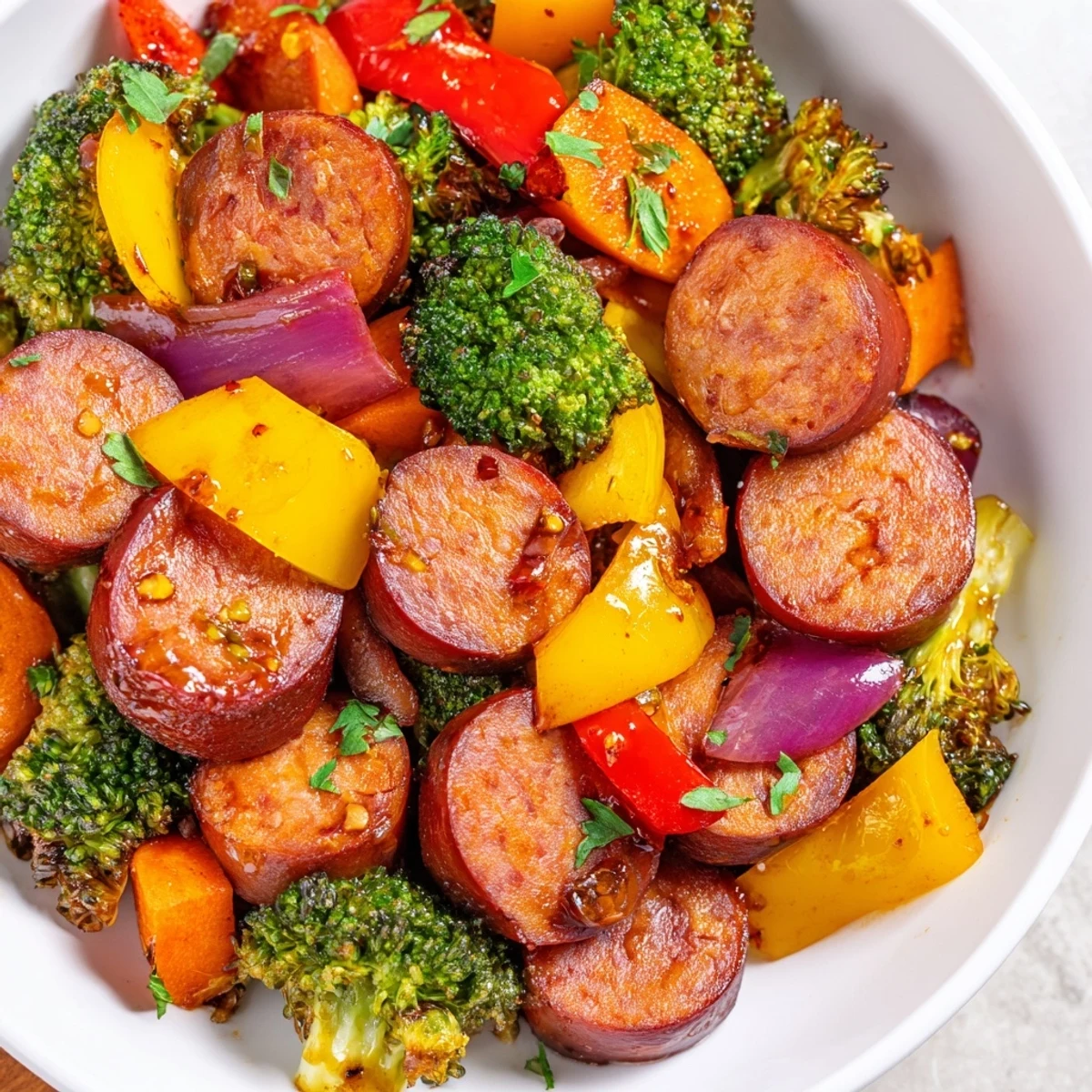 Smoky kielbasa slices nestled among perfectly roasted broccoli bell peppers and carrots with golden glaze