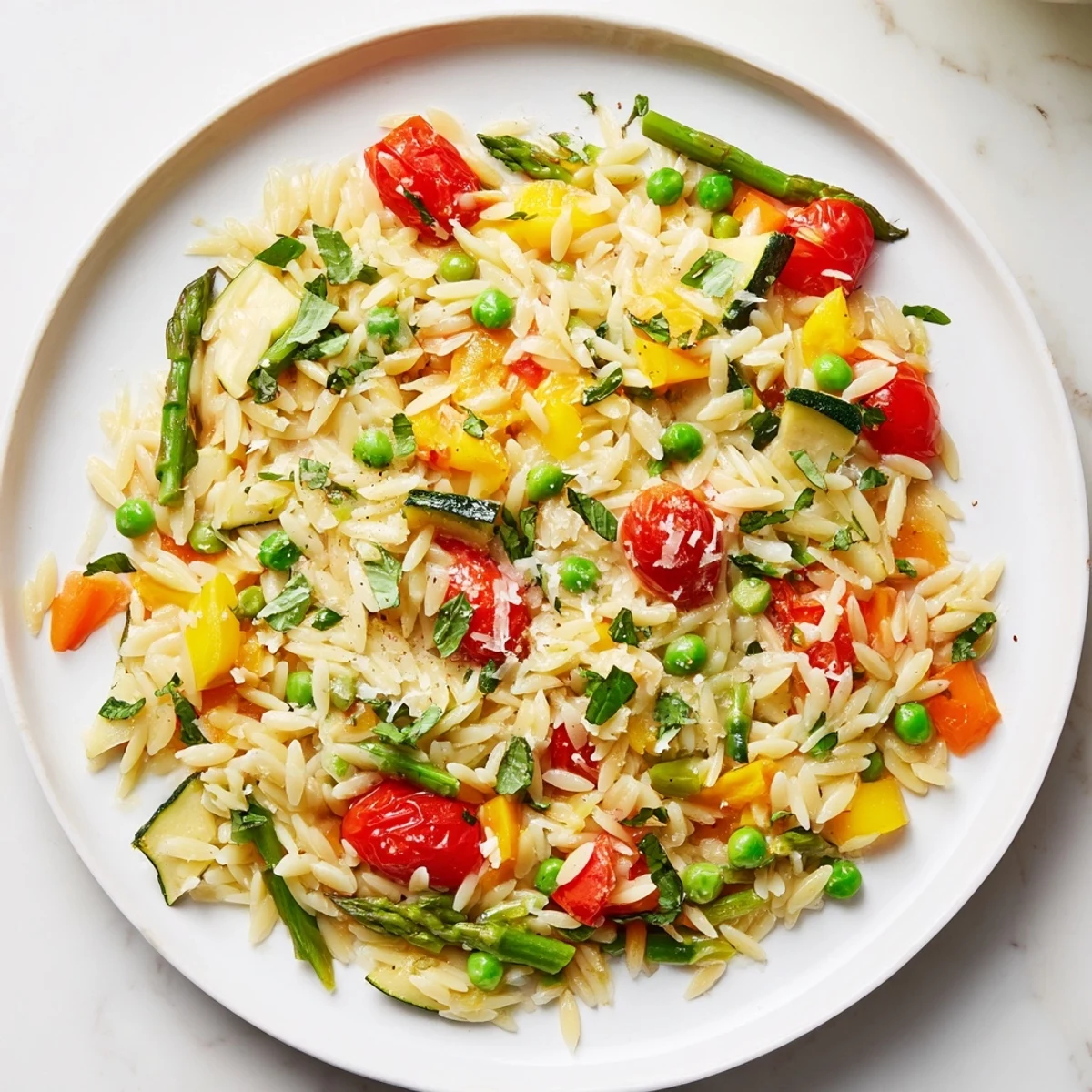 Creamy Orzo Primavera tossed with crisp spring vegetables and fresh basil.