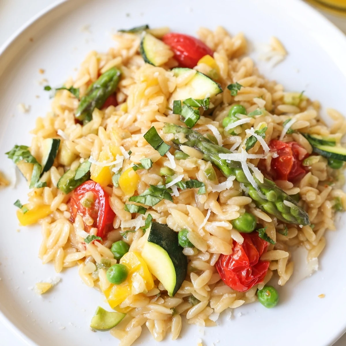 Golden Orzo Primavera topped with Parmesan cheese and colorful sautéed garden vegetables.