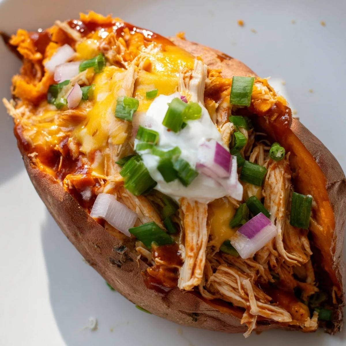 BBQ Chicken Stuffed Sweet Potatoes loaded with melted cheddar and fresh green onions