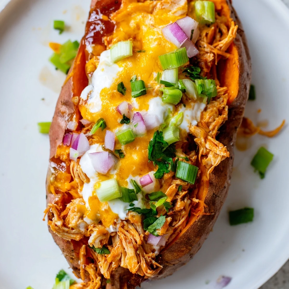 Crispy skinned sweet potatoes overflowing with saucy BBQ chicken and bubbling cheese