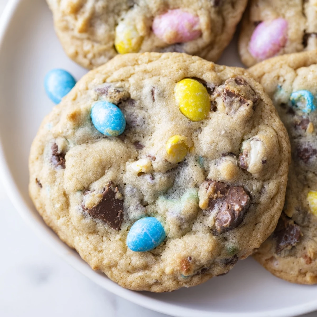 Soft Cadbury Egg Cookies with colorful candy pieces studded throughout golden chewy centers
