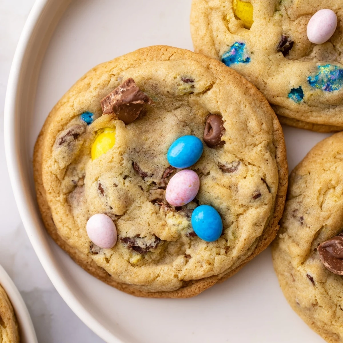 Chewy Cadbury Egg Cookies fresh from the oven with melted chocolate chips visible
