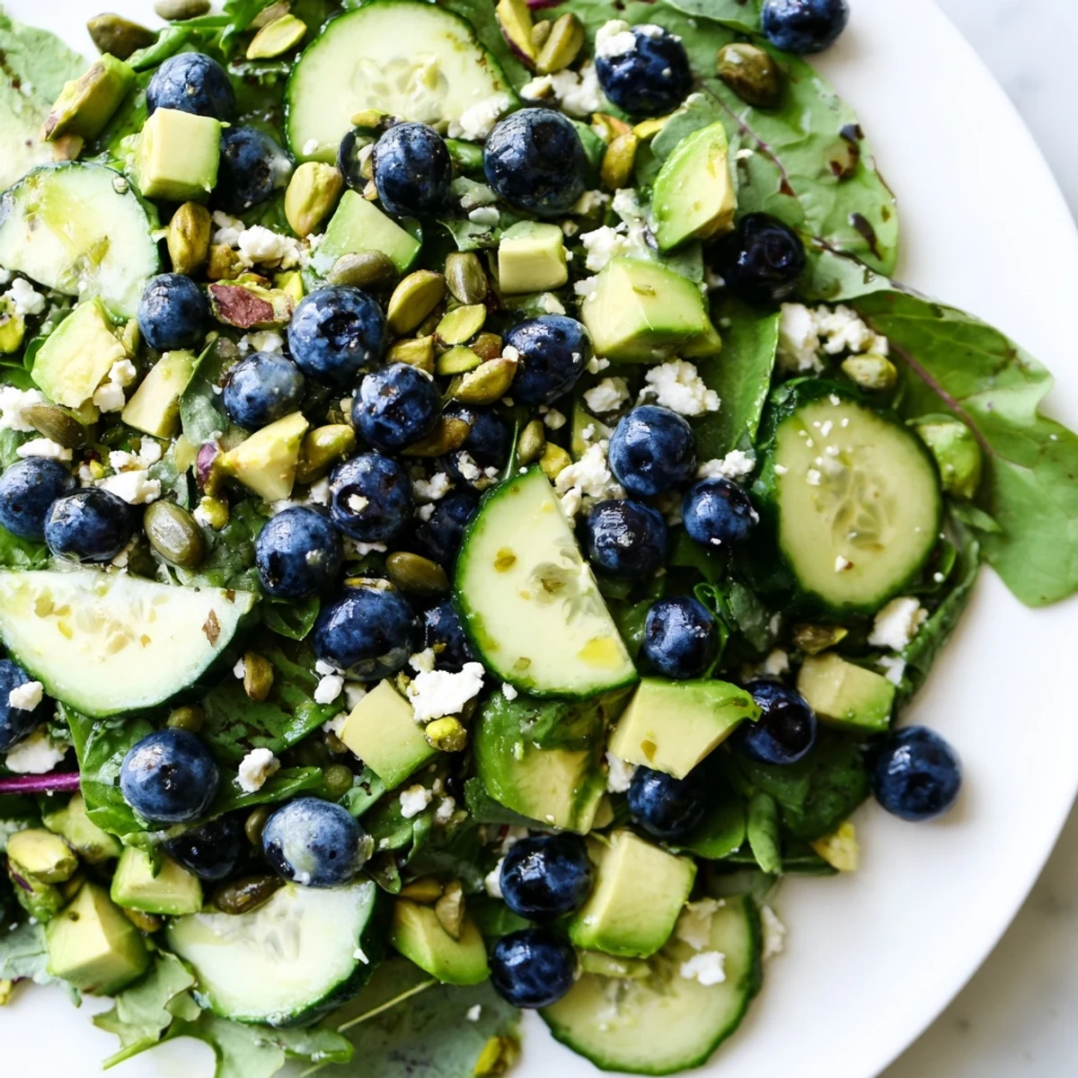Fresh blueberry pistachio spring salad topped with creamy feta on a rustic wooden serving board