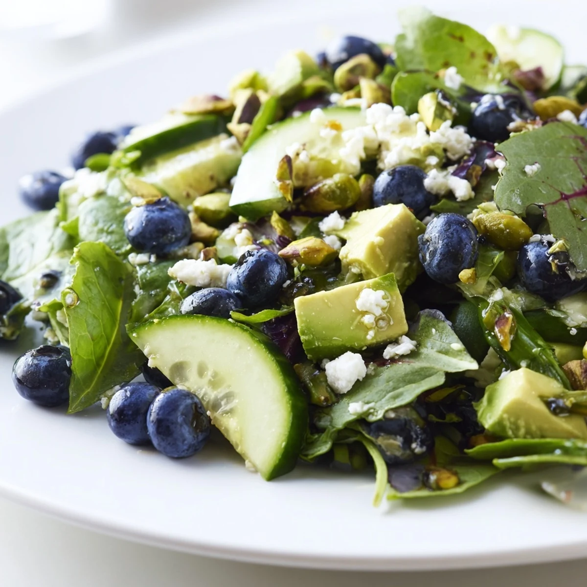 Vibrant blueberry pistachio spring salad with crisp greens cucumber and tangy lemon dressing drizzled on top