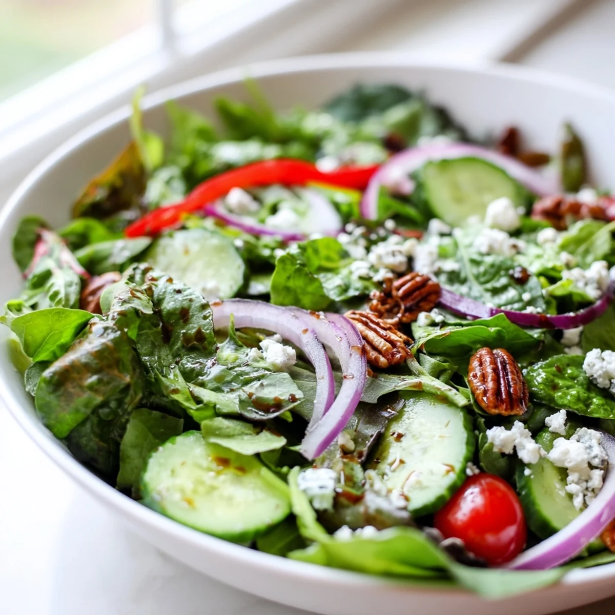 Fresh spring mix salad with colorful vegetables and tangy balsamic dressing in wooden bowl