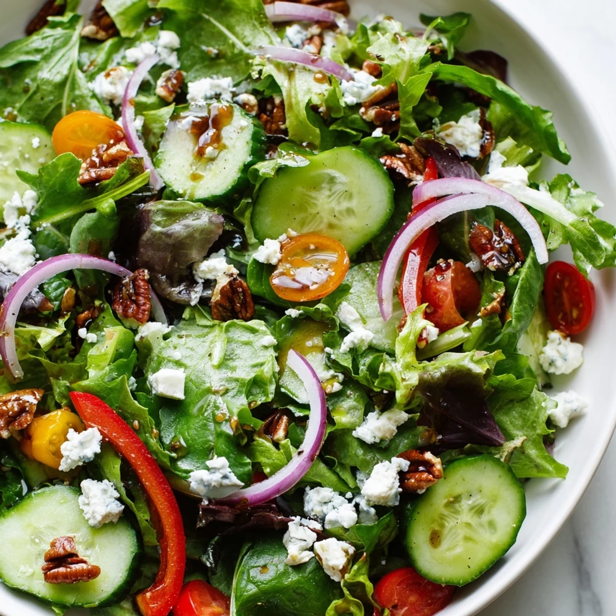 Crisp spring mix salad topped with crumbled feta cheese cherry tomatoes and pecans