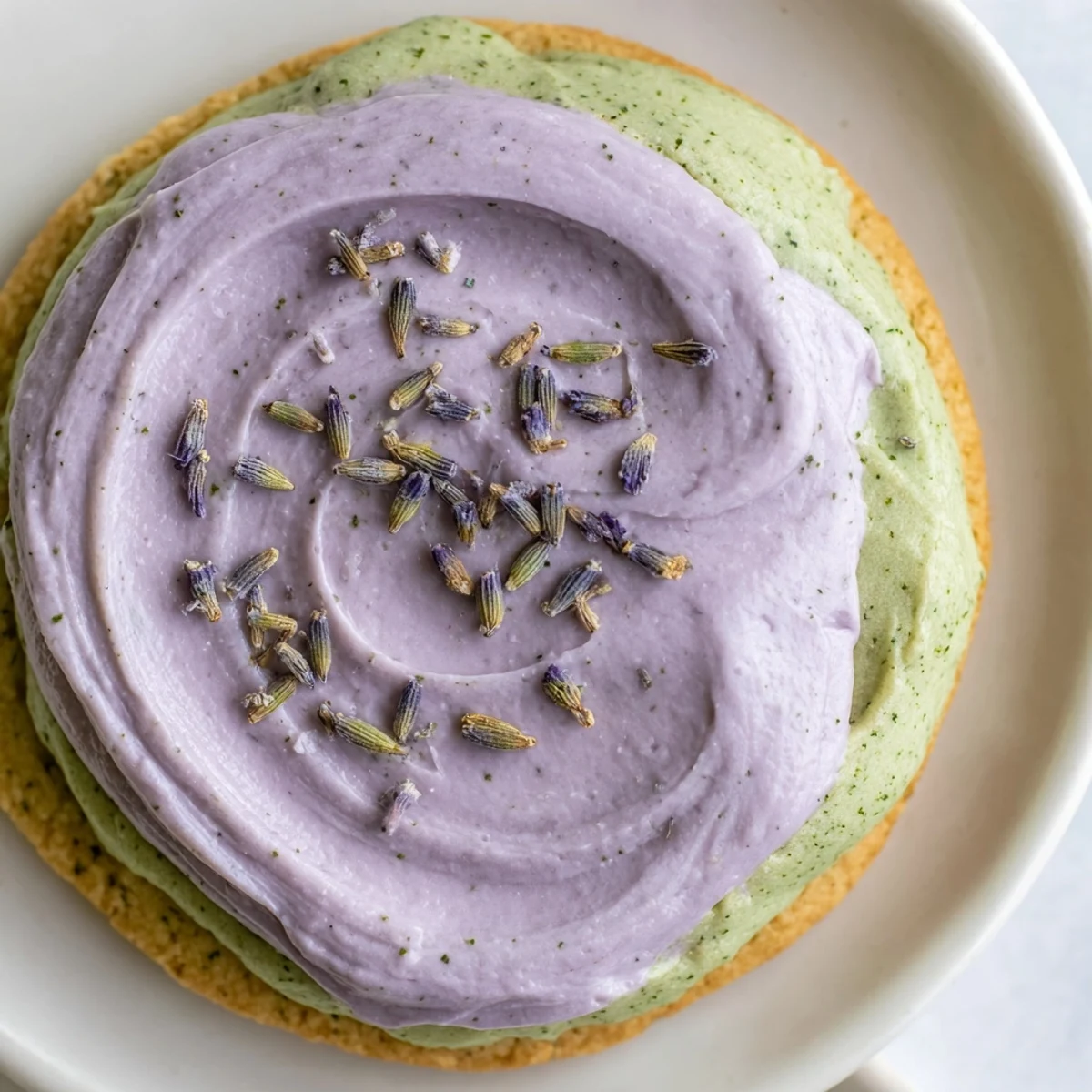 Delicate matcha sugar cookies topped with creamy lavender buttercream garnished with purple flower buds