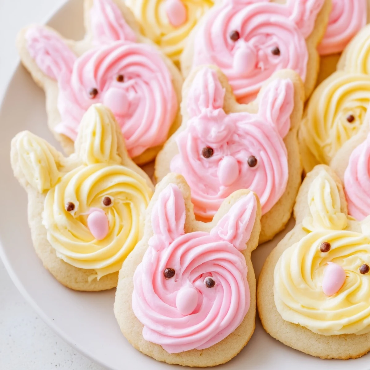 Adorable buttercream bunny cookies decorated with pastel frosting on a rustic white serving board
