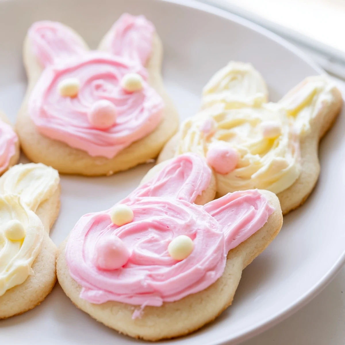 Golden buttercream bunny cookies topped with swirled frosting and candy eyes for Easter