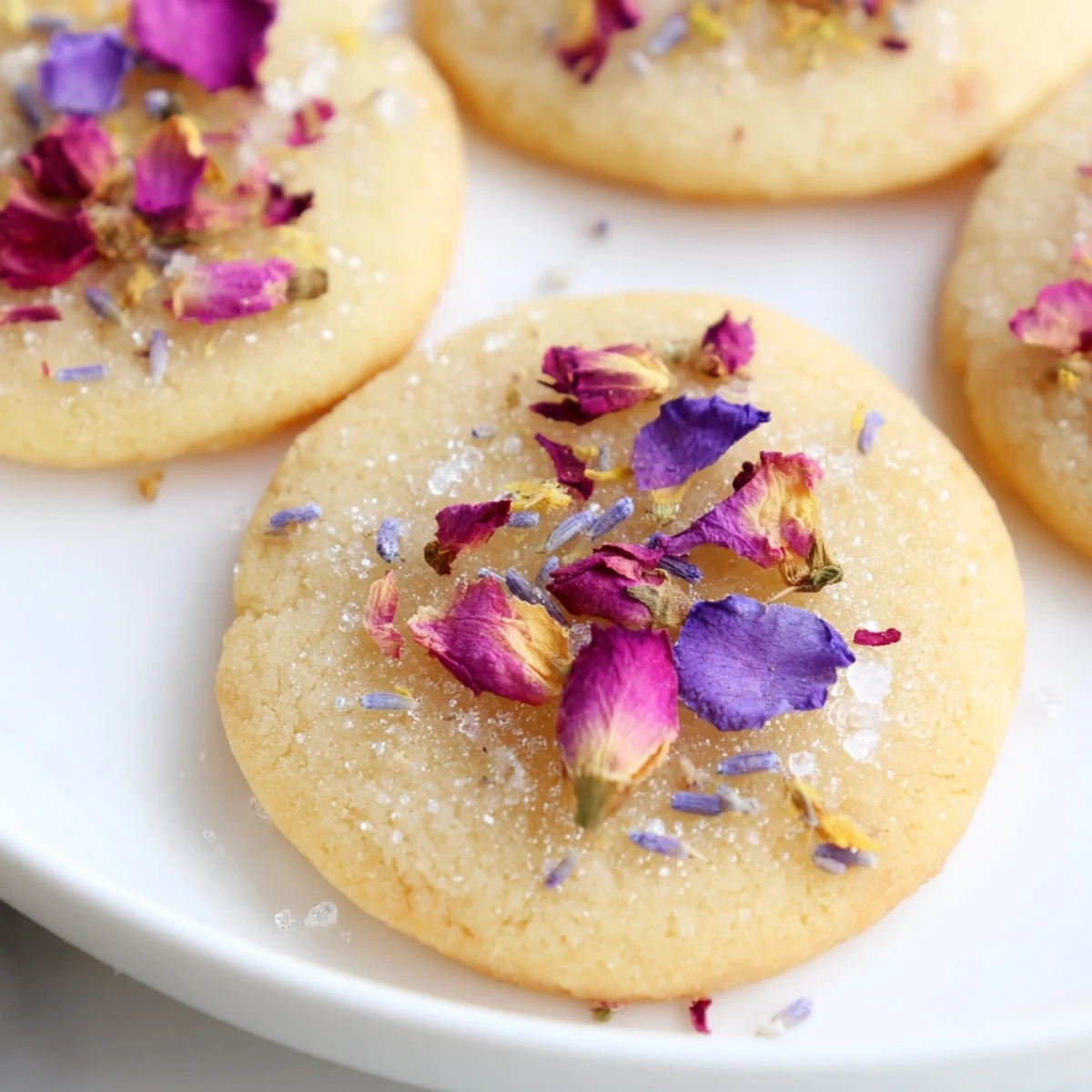 Golden Spring Blossom Cookies topped with colorful edible flowers on a rustic ceramic plate