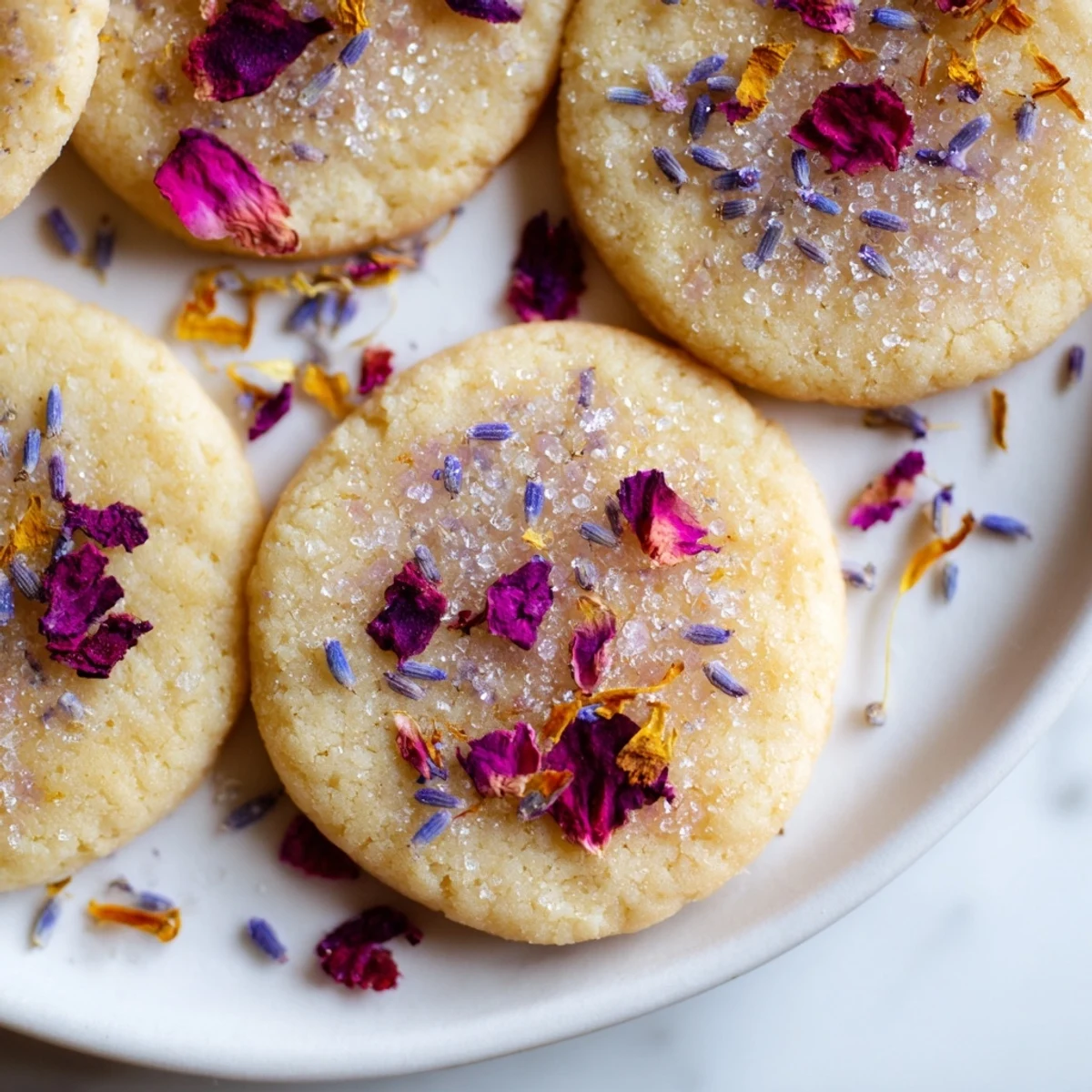 Delicate Spring Blossom Cookies with scattered lavender and rose petals on parchment paper