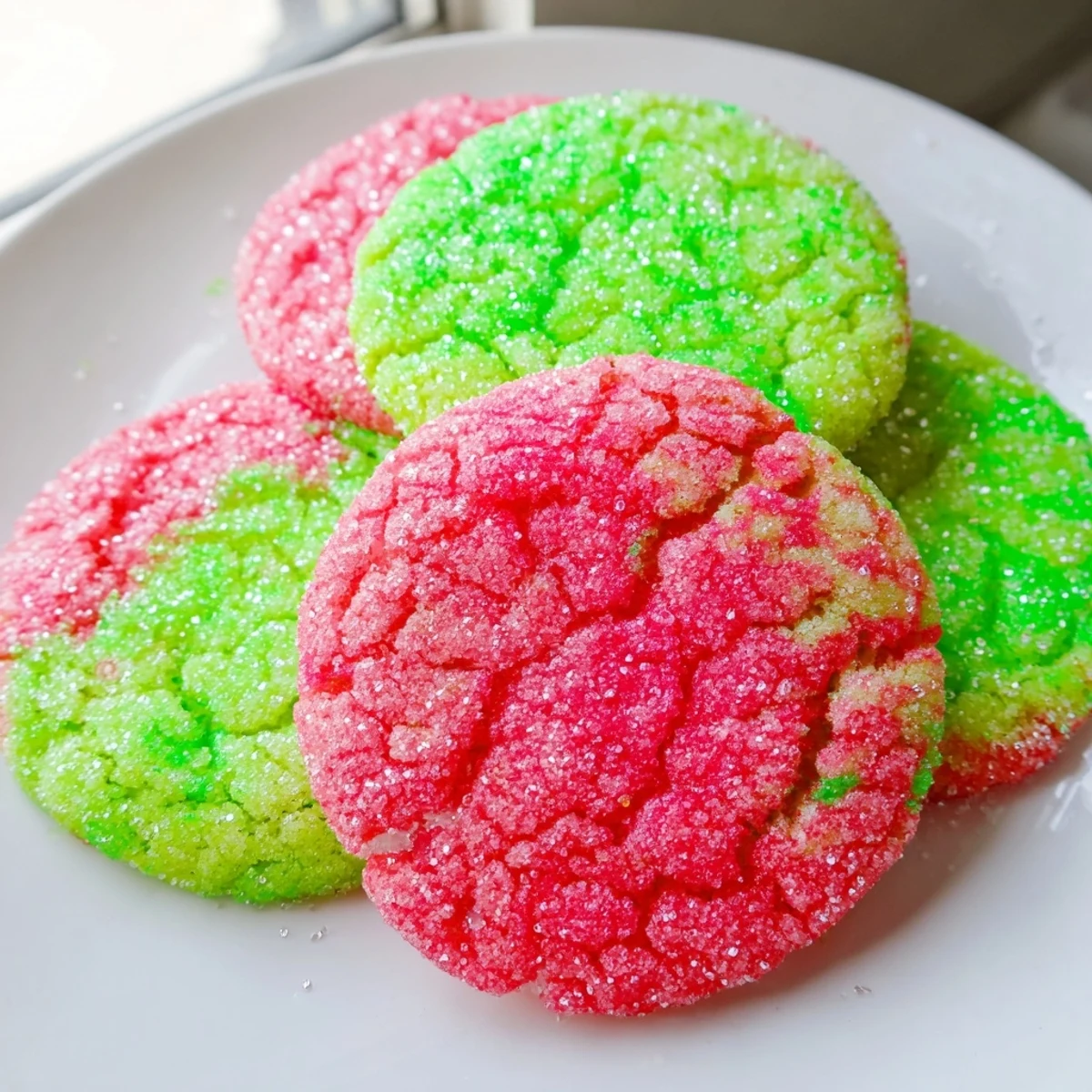 Vibrant pink and green Jello sugar cookies arranged on white ceramic serving plate