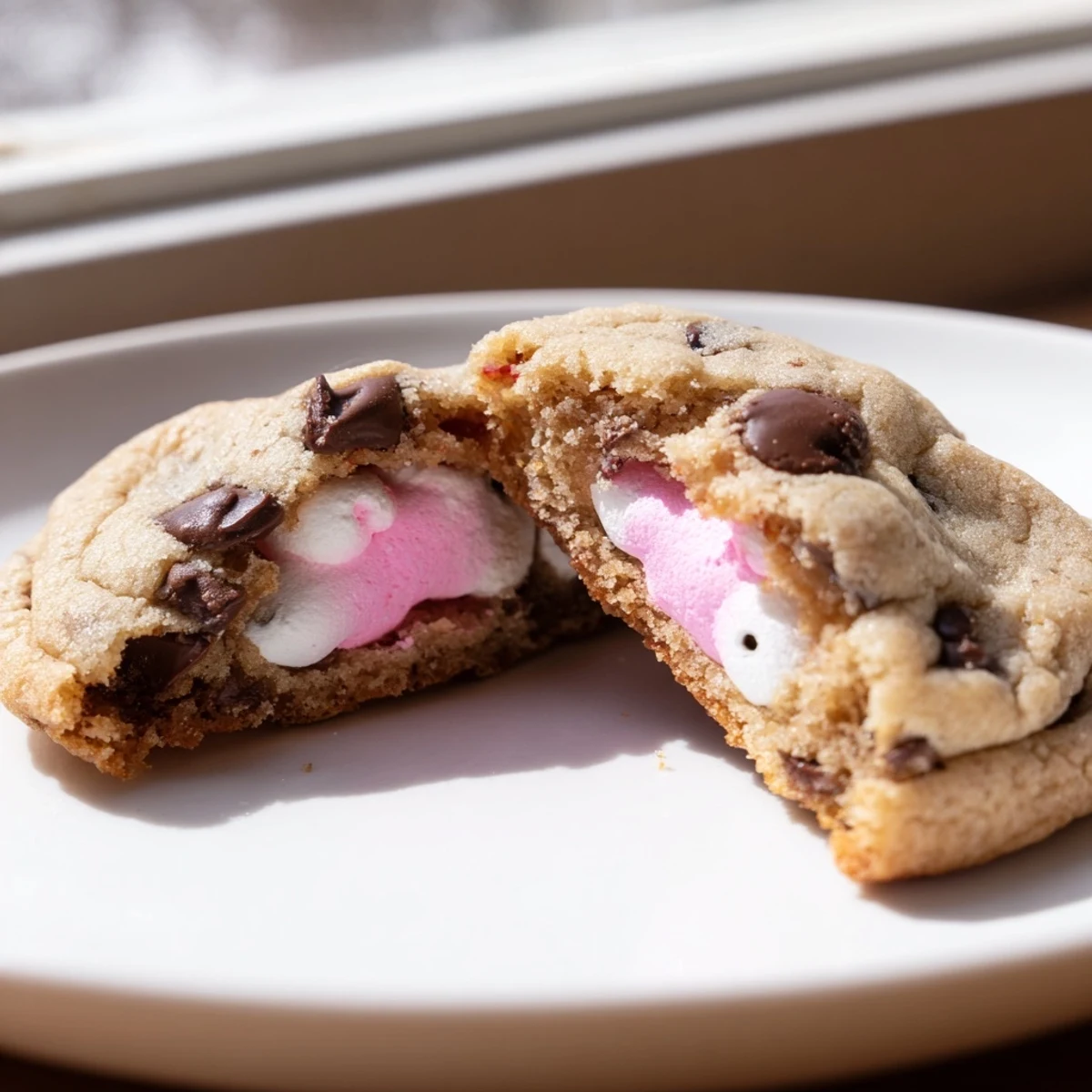 Golden Chocolate Chip Peep Stuffed Easter Cookies with melty marshmallow centers on a rustic baking sheet