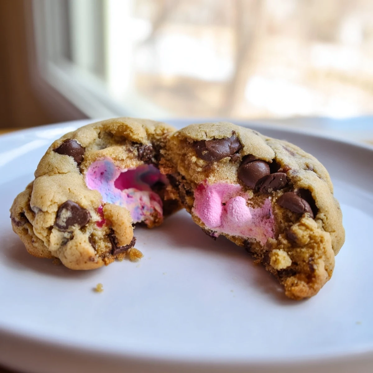 Soft Chocolate Chip Peep Stuffed Easter Cookies revealing gooey pastel marshmallow surprises inside chewy cookie dough