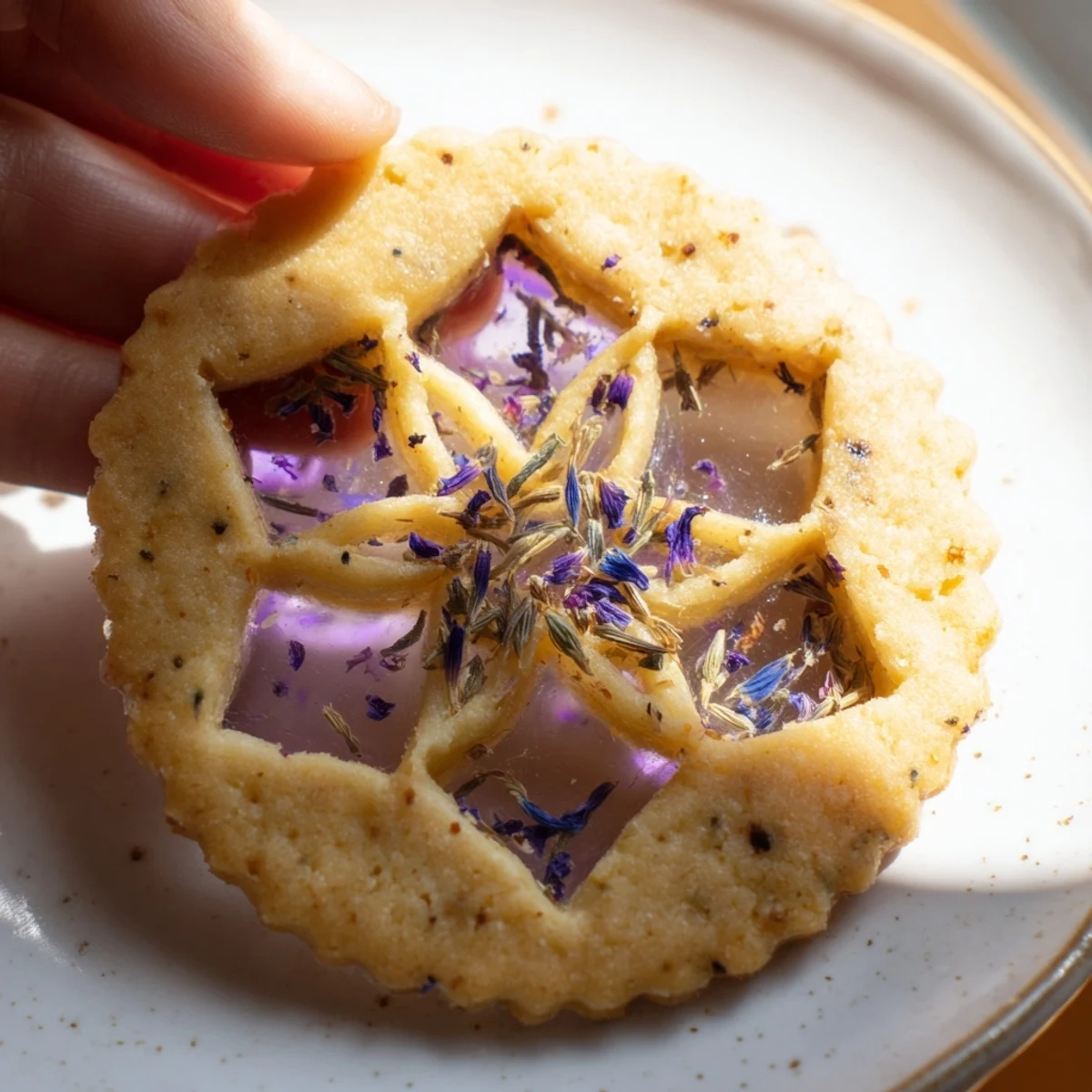 Golden vegan Earl Grey stained glass floral cookies arranged on a porcelain serving plate