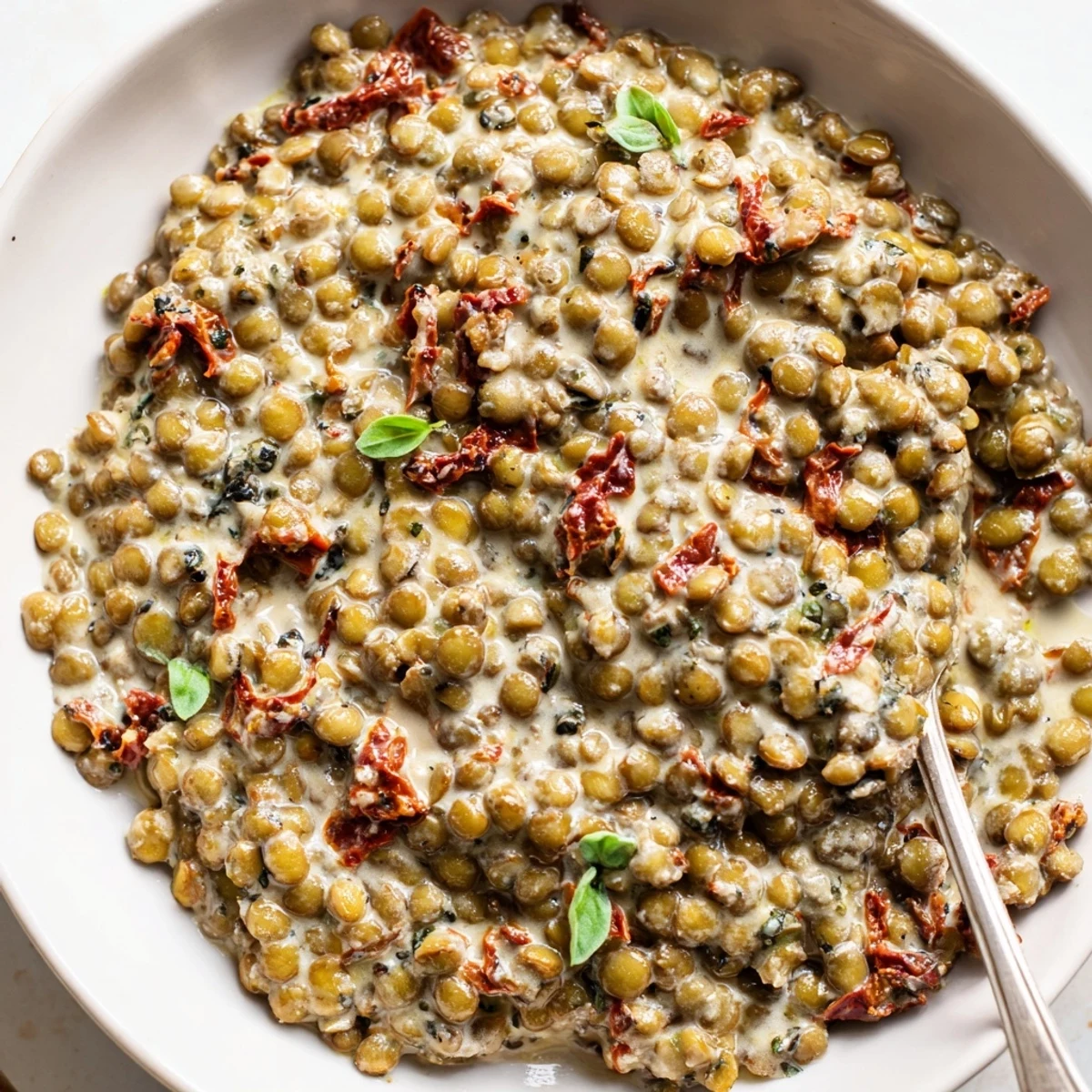 Creamy Marry Me Lentils in rich sun-dried tomato sauce topped with fresh basil garnish