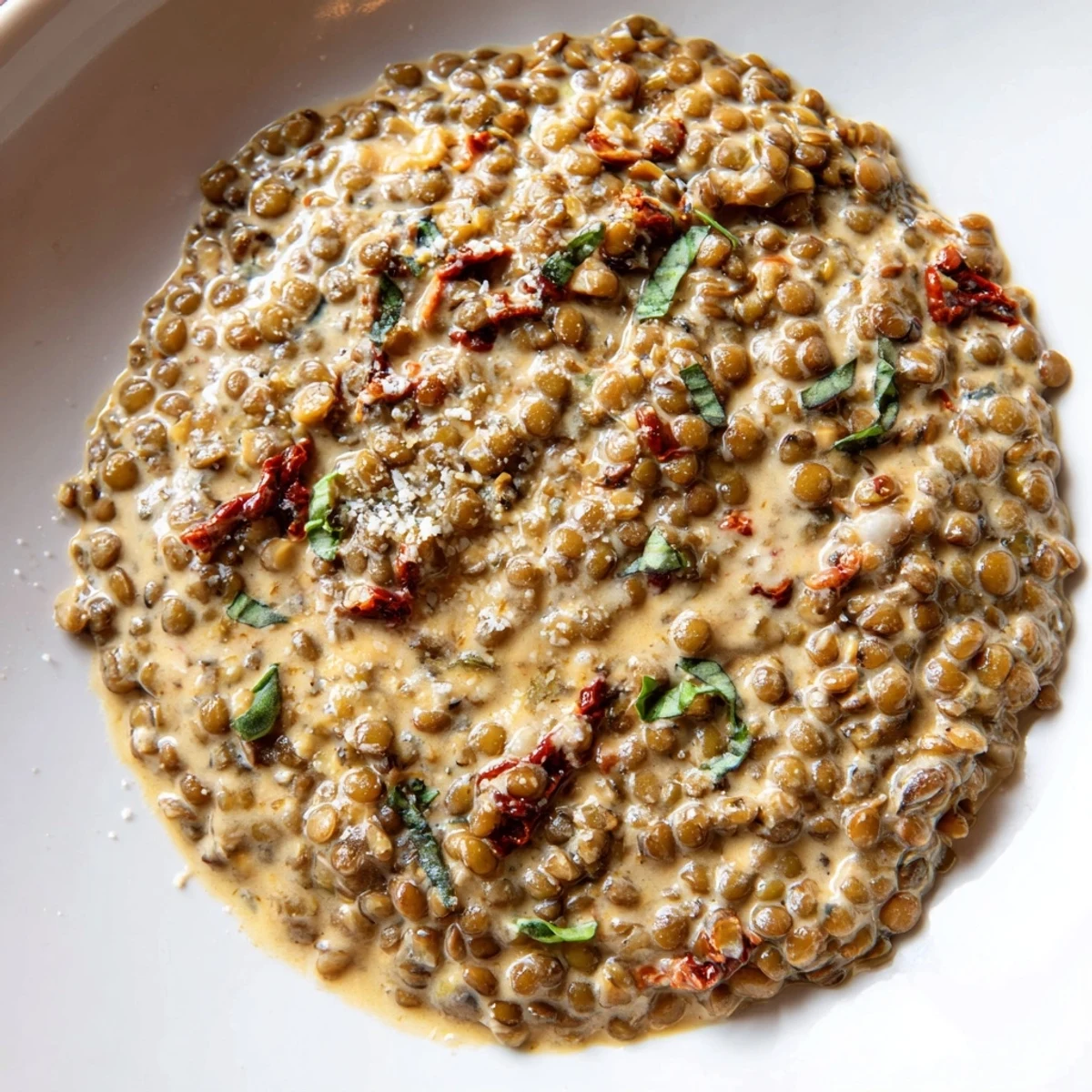 Warm bowl of Marry Me Lentils with velvety sauce and melted Parmesan cheese sprinkled throughout